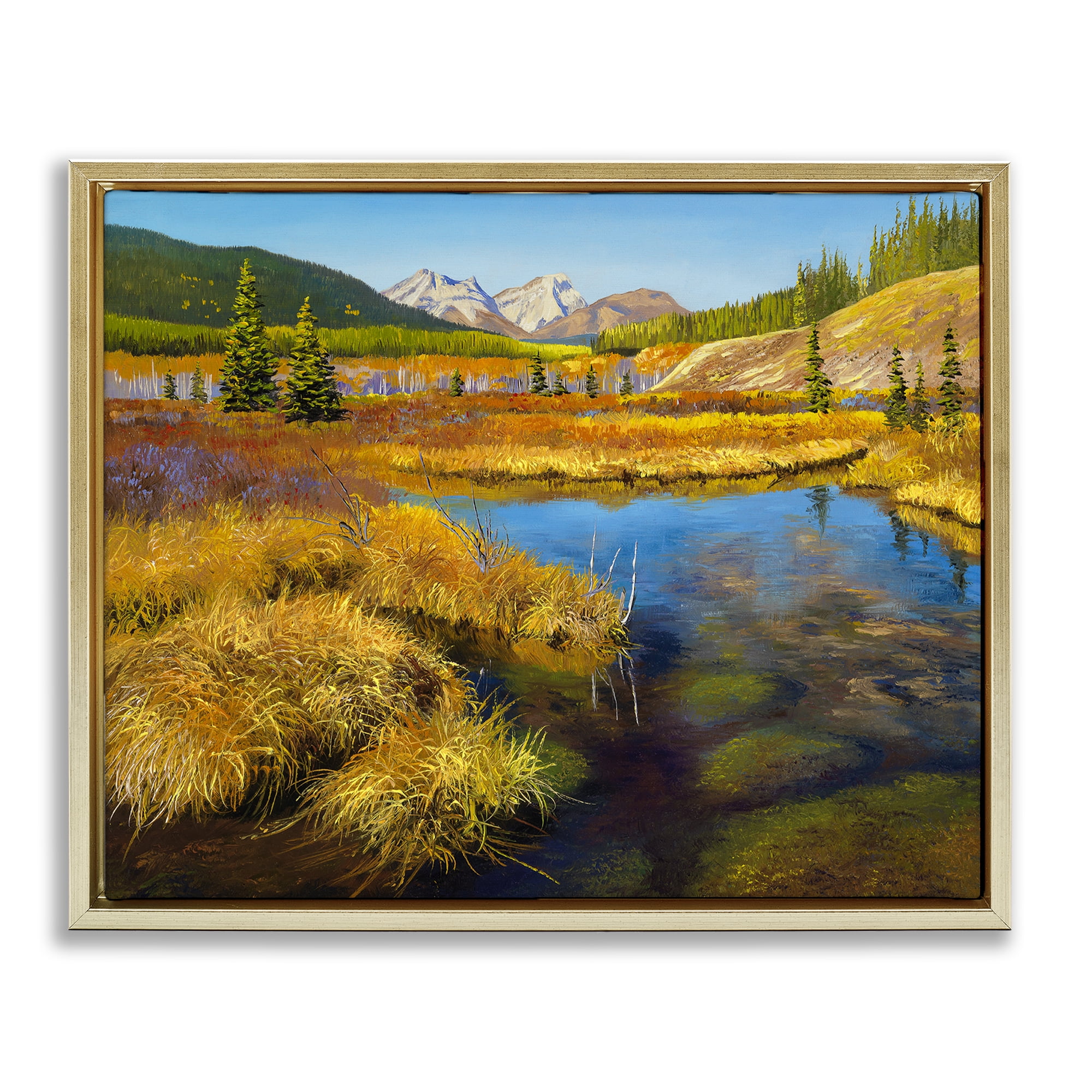 Stupell Industries Lush Pond Landscape Landscape & Nature Painting Gold Floater Framed Canvas Art Print Wall Art, 31 x 25
