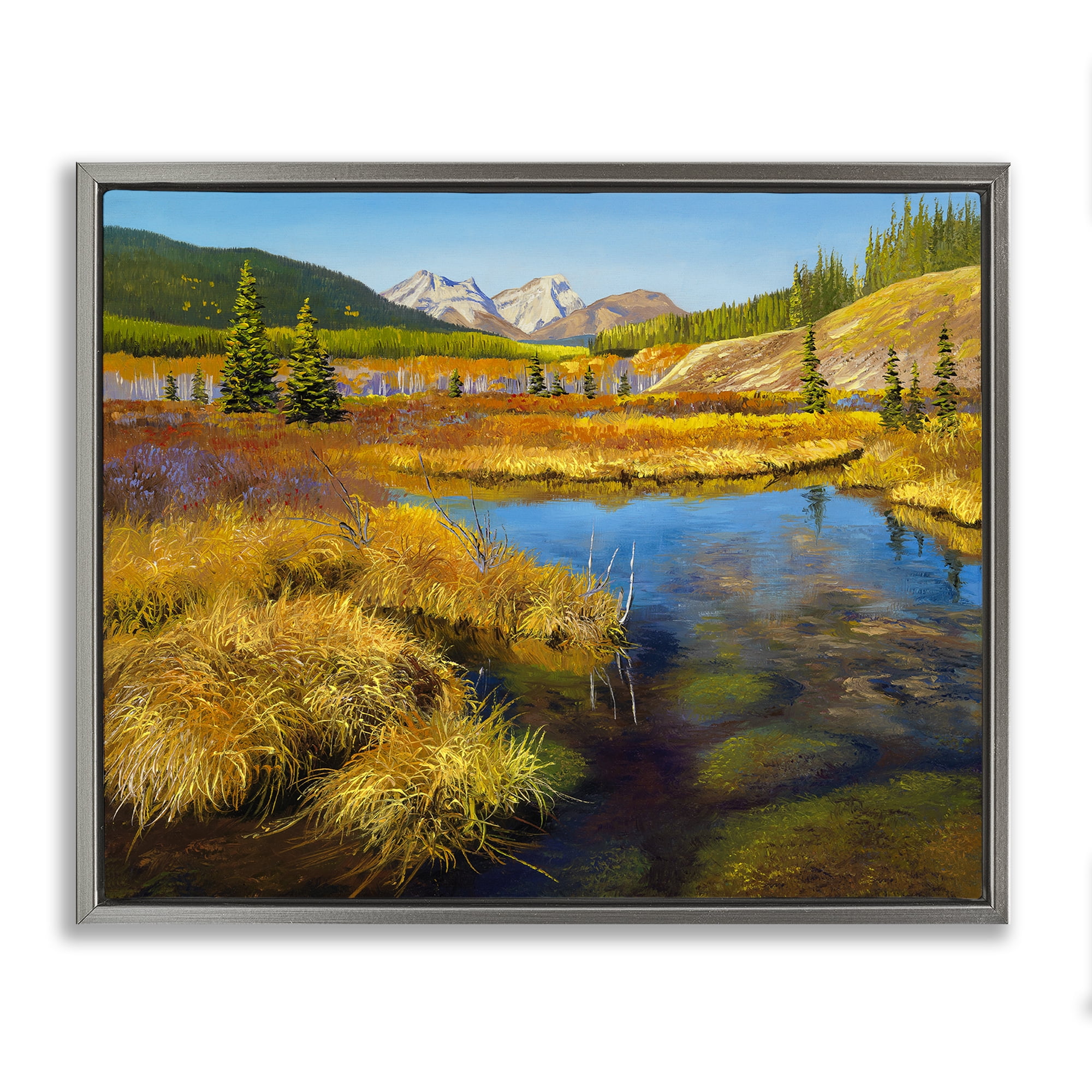 Stupell Industries Lush Pond Landscape Landscape & Nature Painting Gray Floater Framed Canvas Art Print Wall Art, 31 x 25