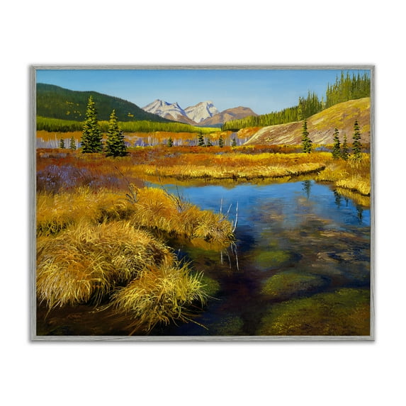 Stupell Industries Lush Pond Landscape Landscape & Nature Painting Gray Framed Art Print Wall Art, 20 x 16