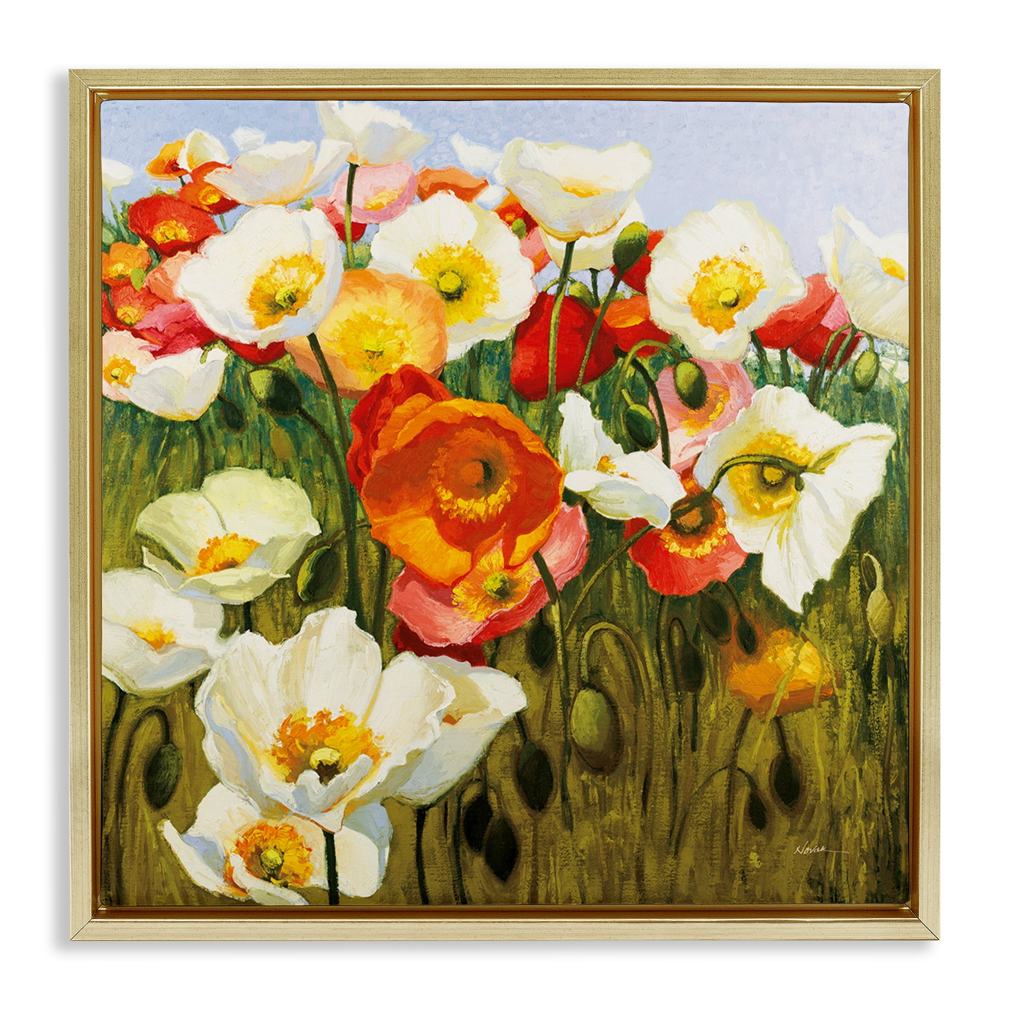 Stupell Industries Lush Poppy Meadow Botanical & Floral Painting Gold Floater Framed Art Print Wall Art, 18 x 18