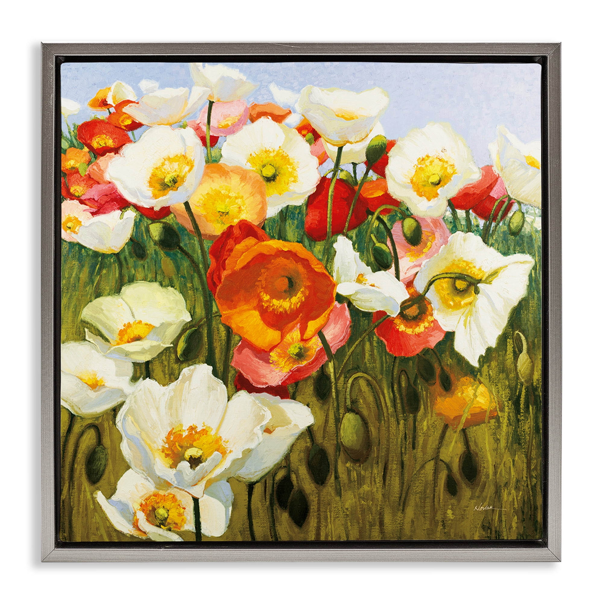 Stupell Industries Lush Poppy Meadow Botanical & Floral Painting Gray Floater Framed Art Print Wall Art, 18 x 18