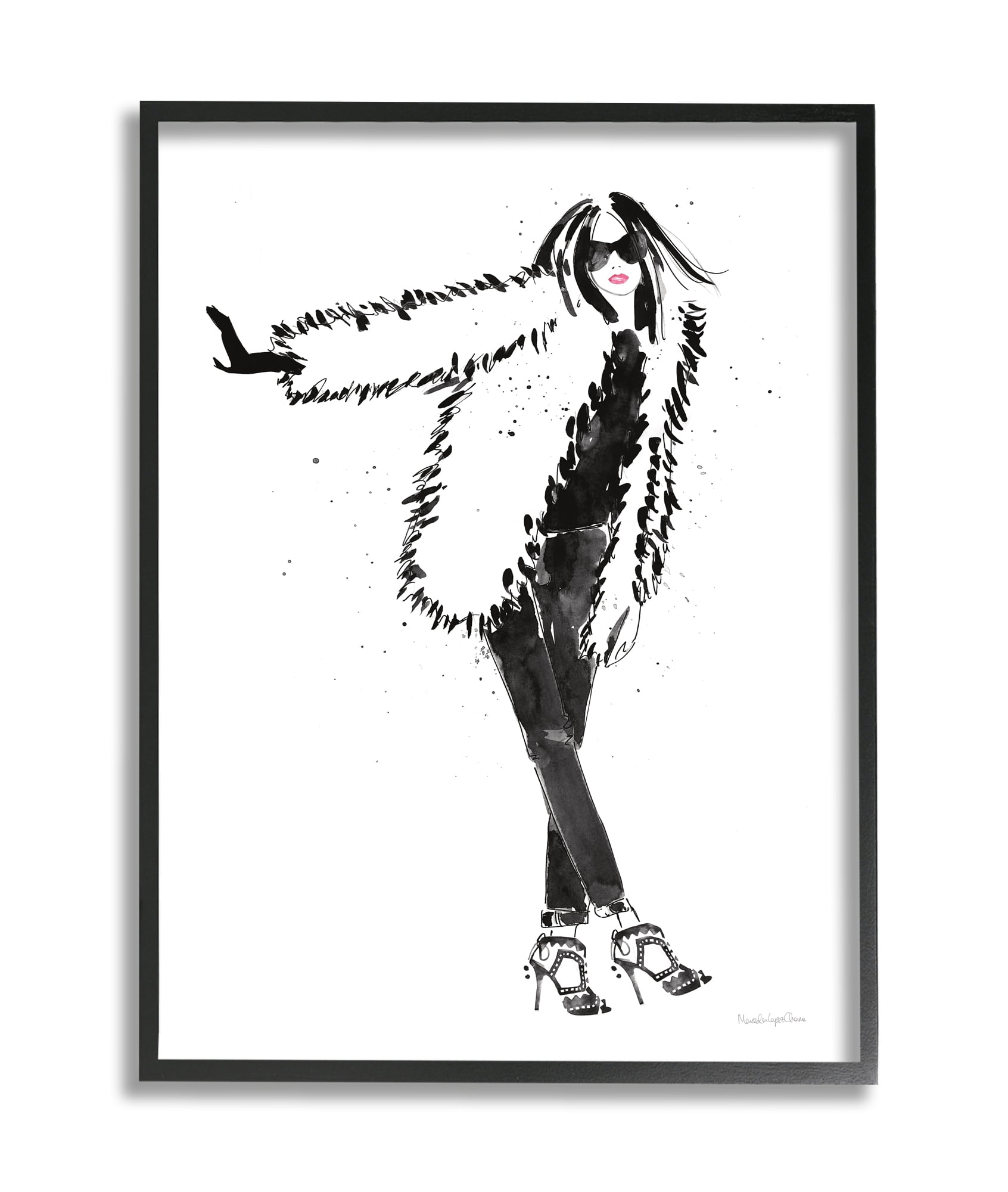 Stupell Industries Luxurious Fashionista Sassy Glam Pose Fur Coat Black Framed, 11 x 14, Design by Mercedes Lopez Charro