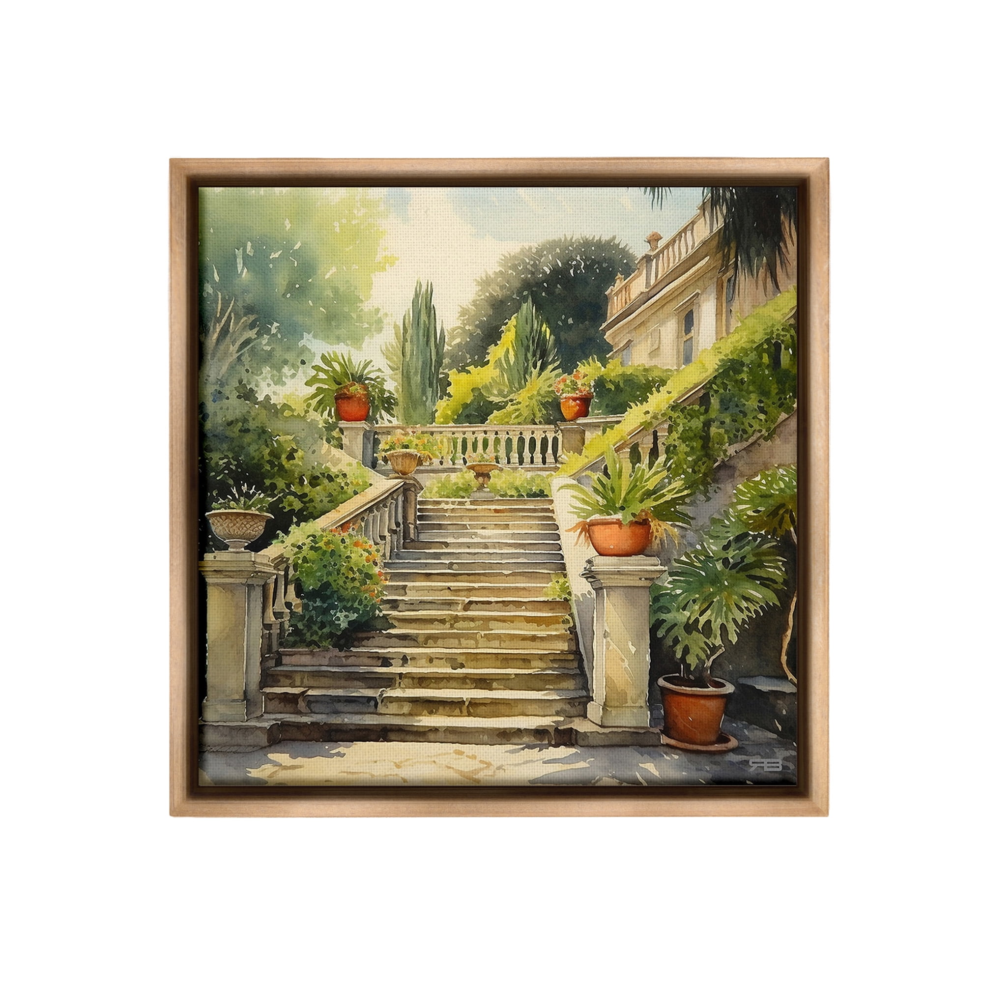Stupell Industries Luxurious Villa Stairway Botanical & Floral Painting Brown Floater Framed Canvas Art Print Wall Art, 25 x 25