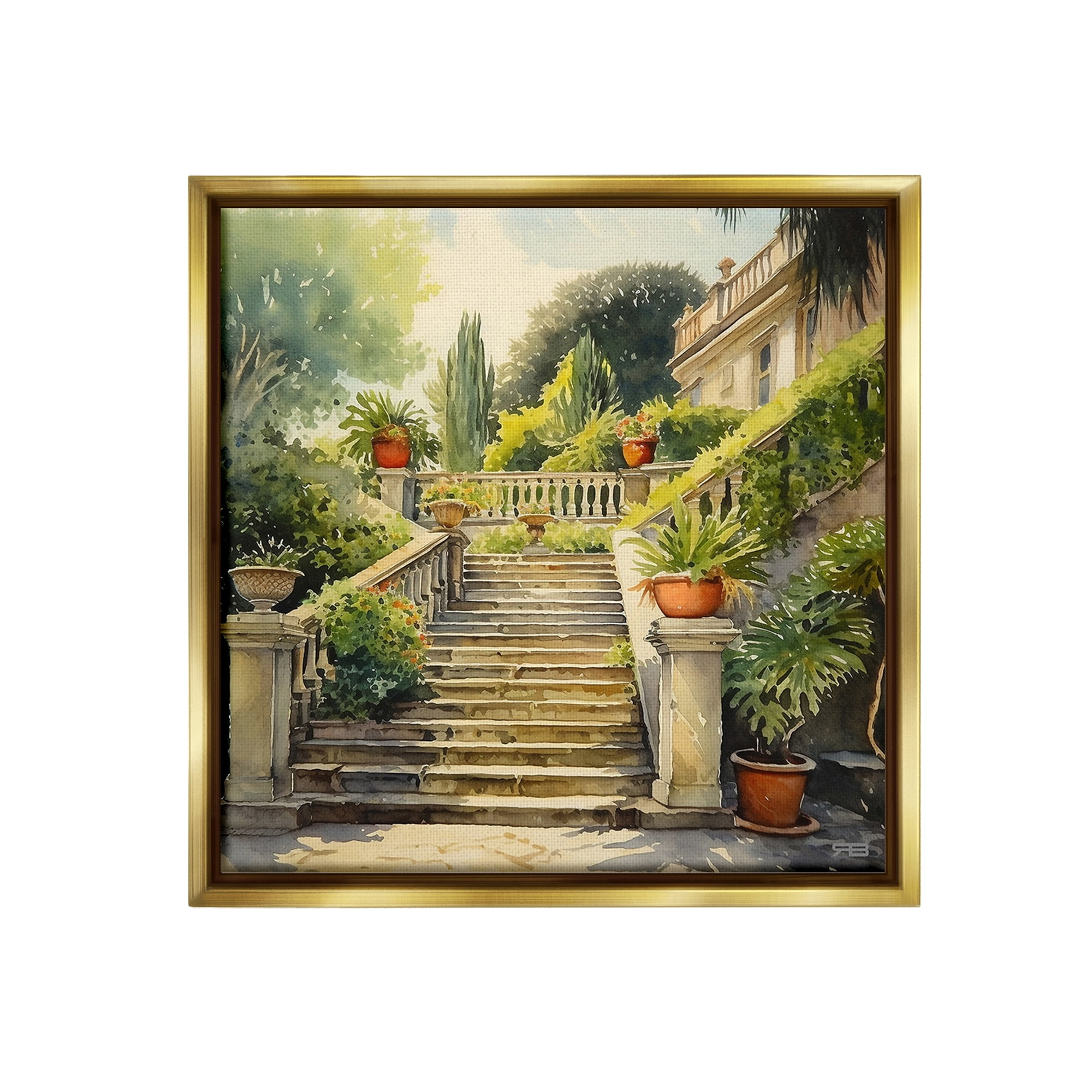 Stupell Industries Luxurious Villa Stairway Botanical & Floral Painting Gold Floater Framed Canvas Art Print Wall Art, 18 x 18