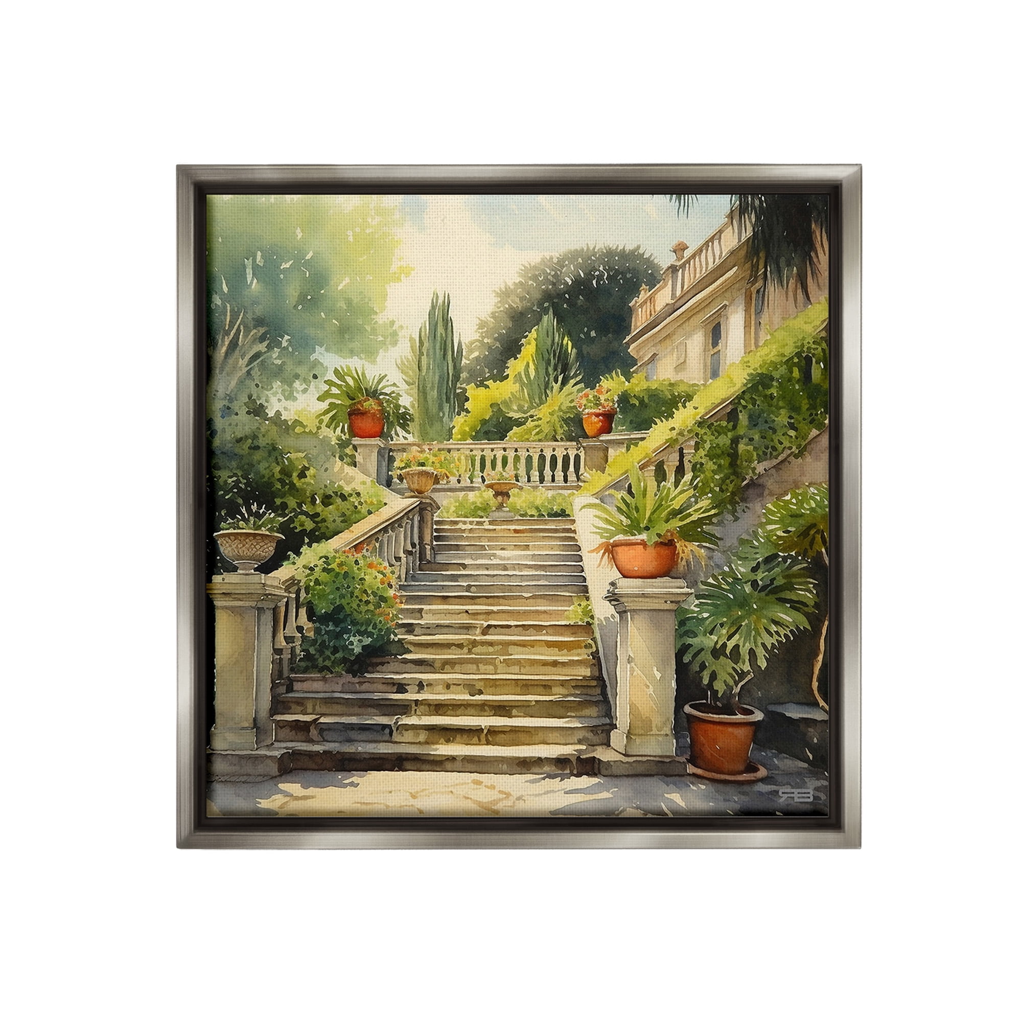 Stupell Industries Luxurious Villa Stairway Botanical & Floral Painting Gray Floater Framed Canvas Art Print Wall Art, 18 x 18