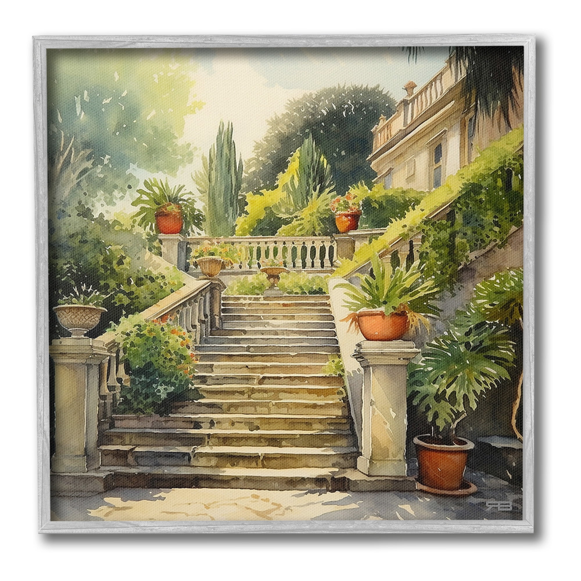 Stupell Industries Luxurious Villa Stairway Botanical & Floral Painting Gray Framed Art Print Wall Art, 24 x 24