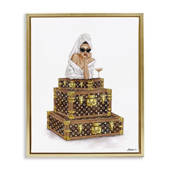 Stupell Industries Luxury Bathrobe Girl & Champagne Gold Framed Floater Canvas Wall Art design by Ziwei Li, 31 x 25