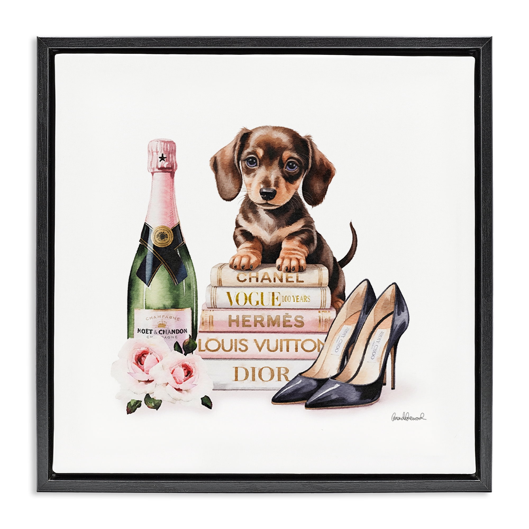 Stupell Industries Luxury Books & Puppy Black Framed Floater Canvas Wall Art, design by Amanda Greenwood