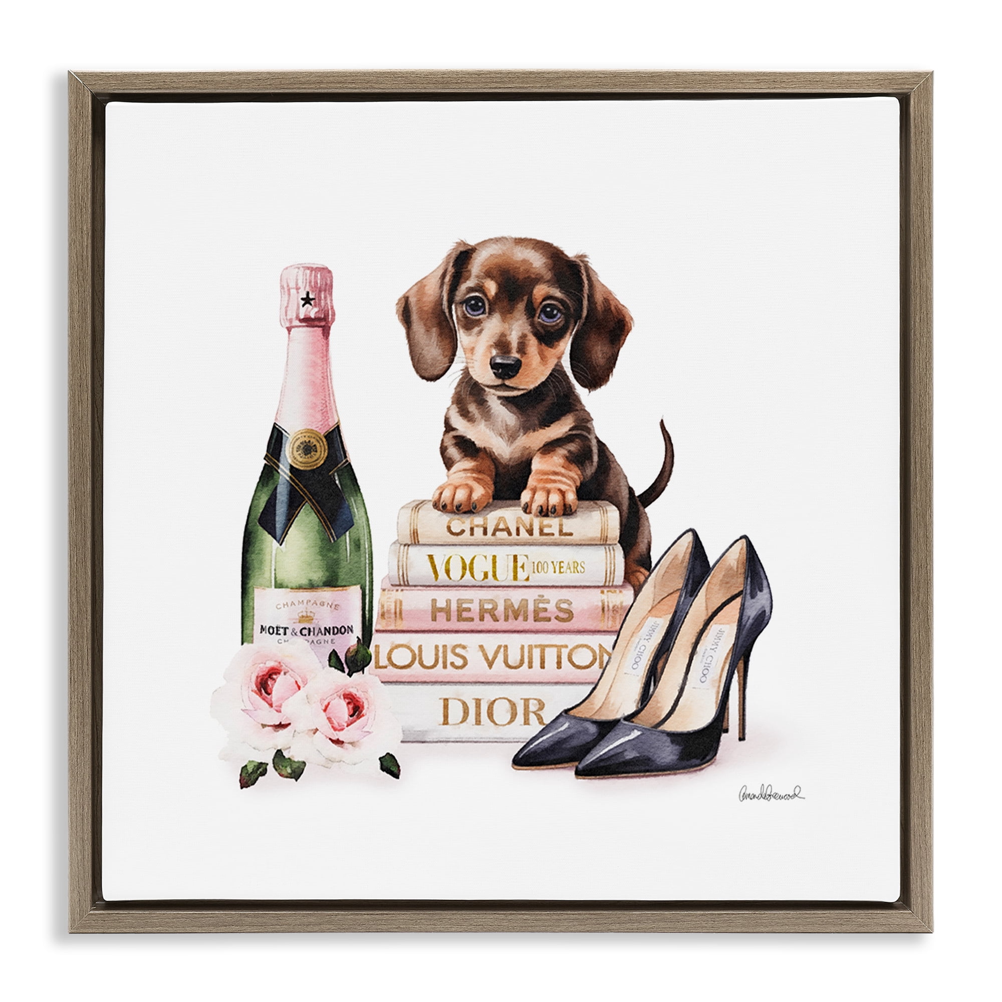Stupell Industries Luxury Books & Puppy Brown Framed Floater Canvas Wall Art, design by Amanda Greenwood