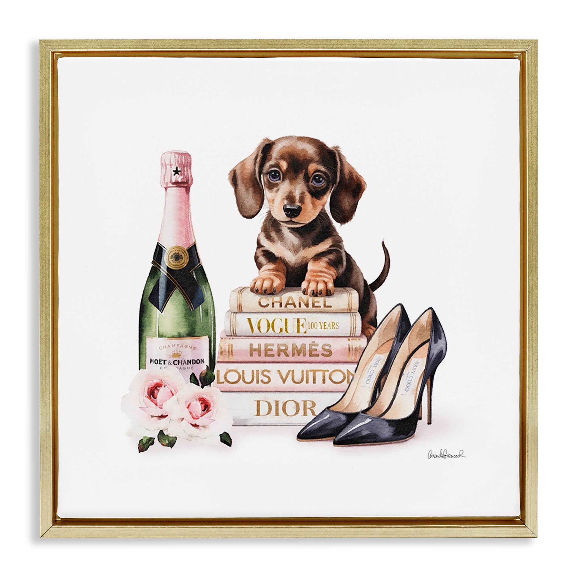 Stupell Industries Luxury Books & Puppy Gold Framed Floater Canvas Wall Art, design by Amanda Greenwood