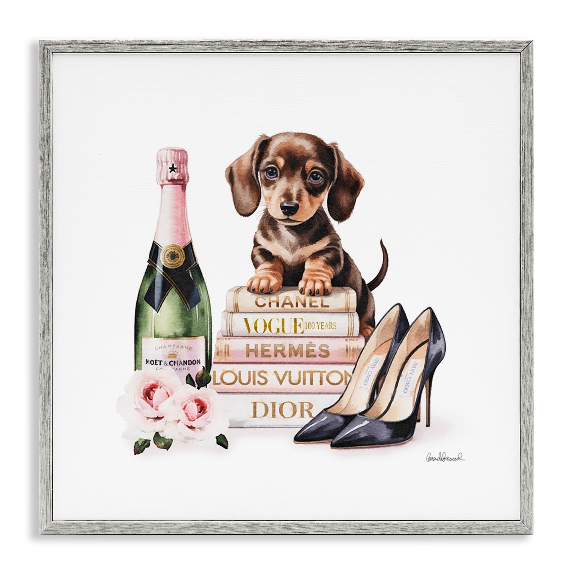 Stupell Industries Luxury Books & Puppy Gray Framed Giclee Art, design by Amanda Greenwood
