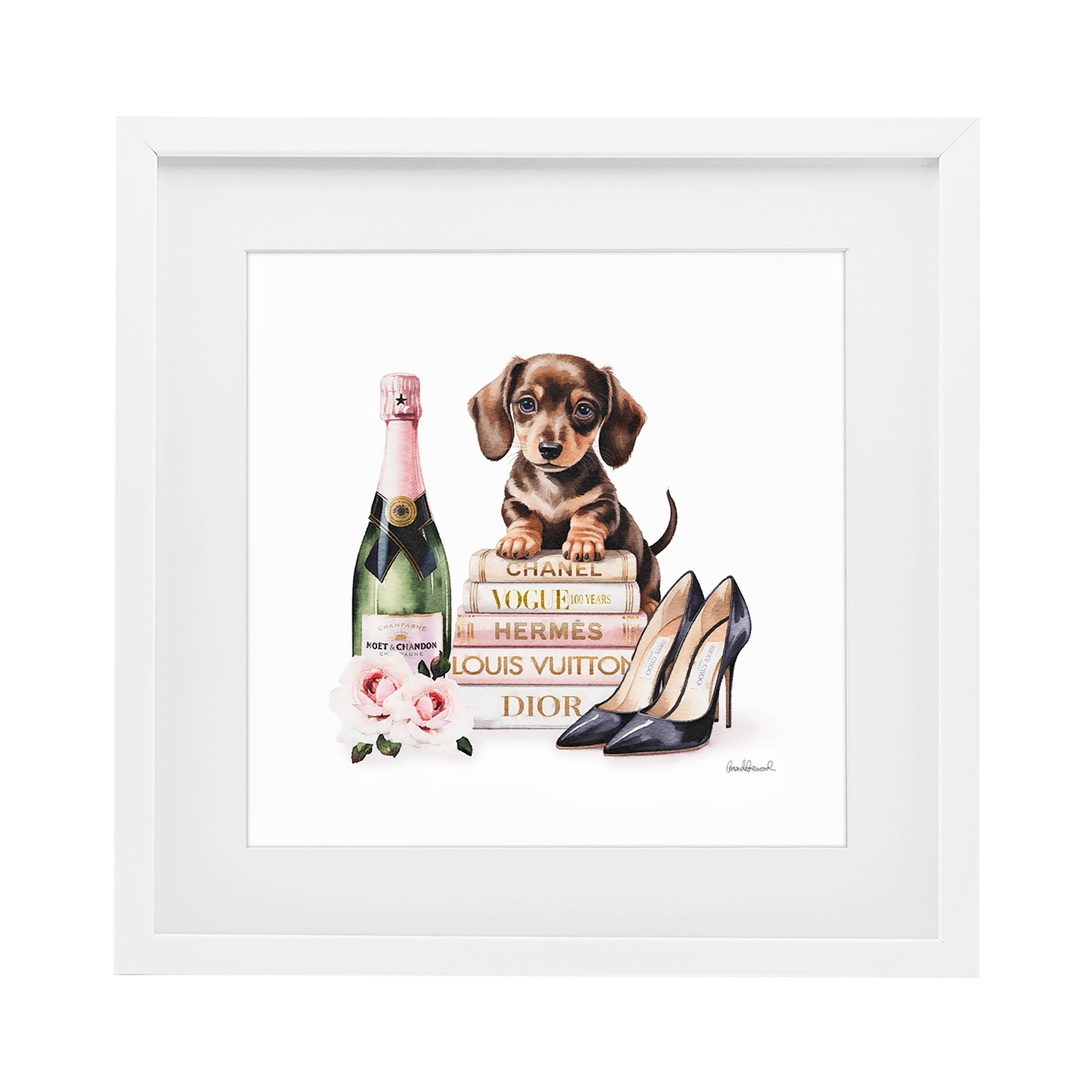 Stupell Industries Luxury Books & Puppy White Framed Print Under Glass, design by Amanda Greenwood