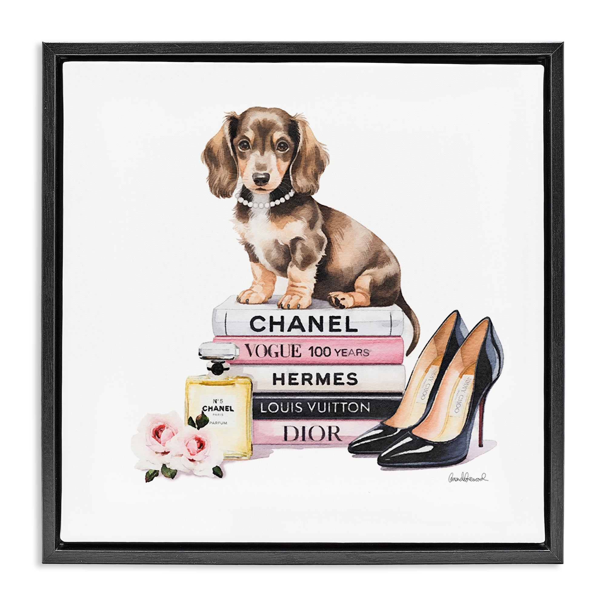 Stupell Industries Luxury Fashion Books & Dog Black Framed Floater Canvas Wall Art, design by Amanda Greenwood
