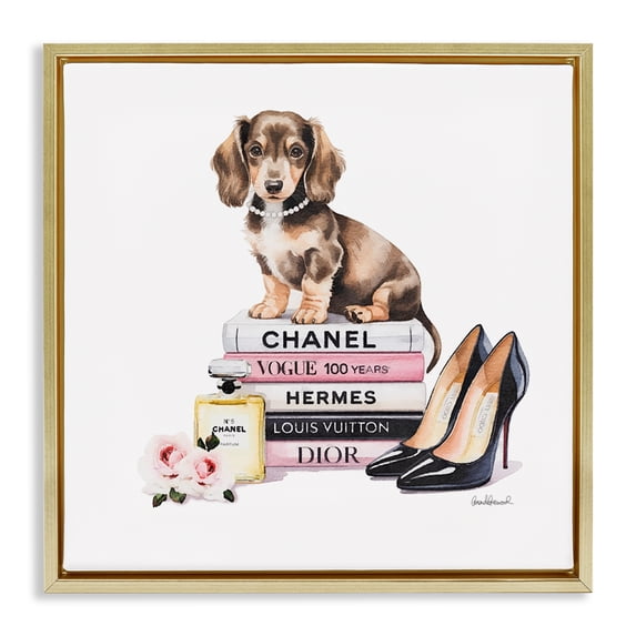 Stupell Industries Art Deco Luxury Fashion Books & Dog Gold Floating Frame Canvas Art, 25 x 25, by Amanda Greenwood