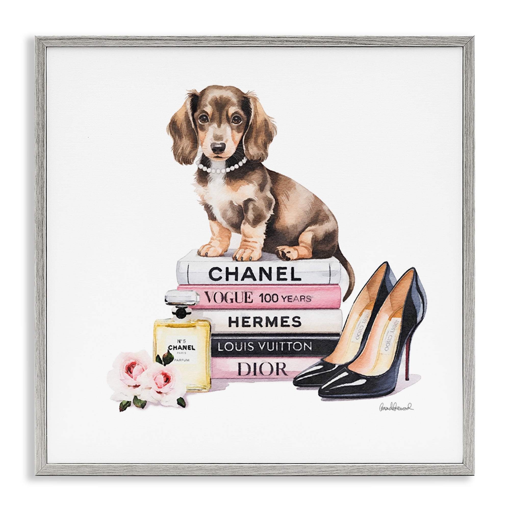 Stupell Industries Luxury Fashion Books & Dog Gray Framed Giclee Art, design by Amanda Greenwood