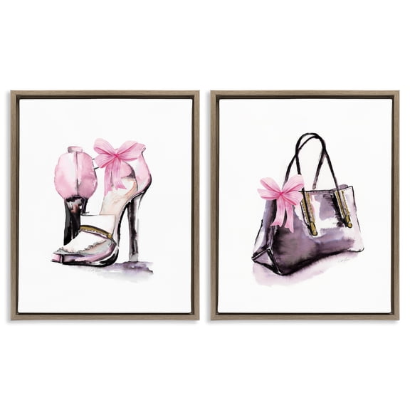Stupell Industries Luxury Shoes & Handbag Fashion Painting Brown Floater Framed Canvas Art Print Wall Art, 31 x 25, Set of 2