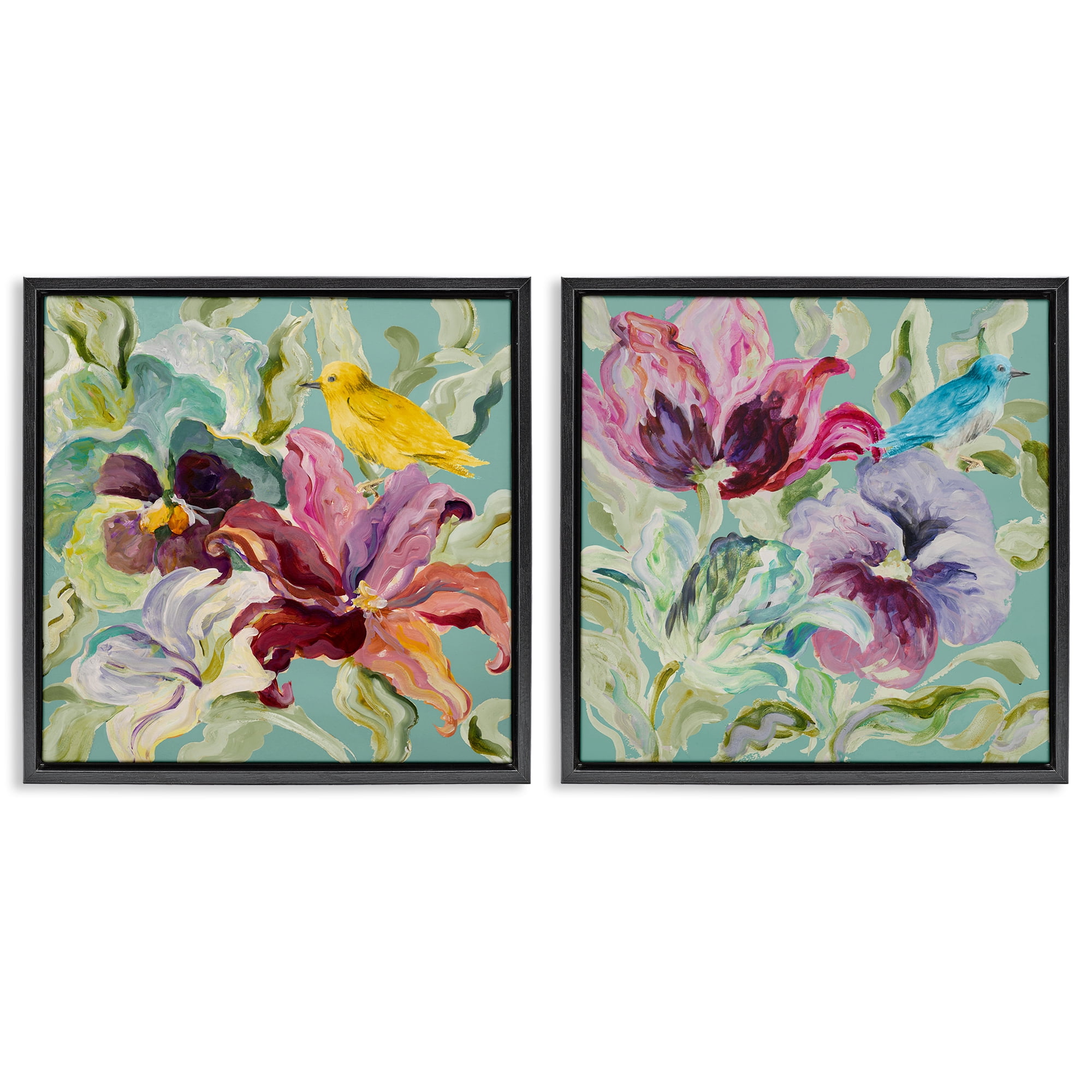 Stupell Industries Lyrical Garden Canaries 2 Piece Black Framed Floater Canvas Set, design by Lanie Loreth