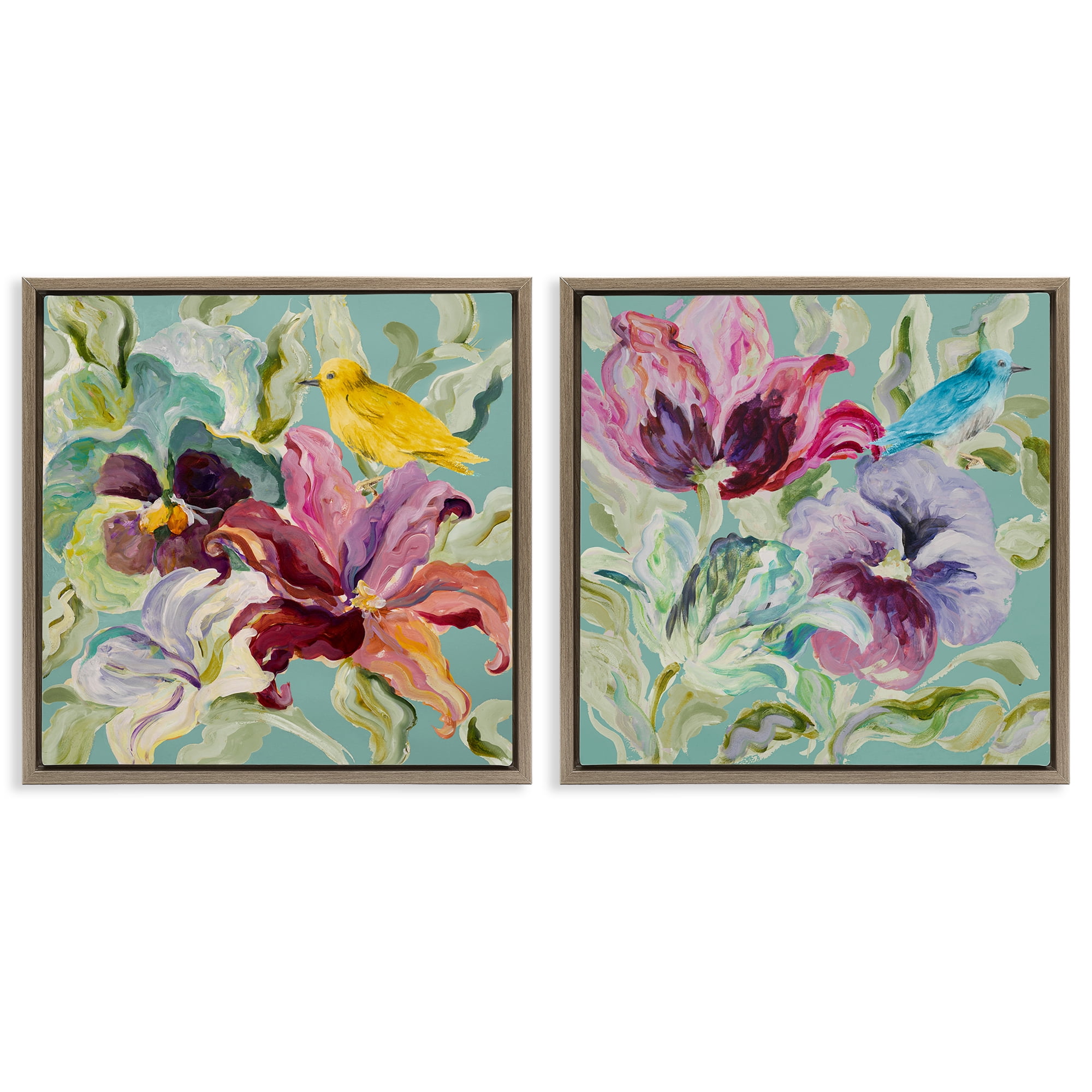 Stupell Industries Lyrical Garden Canaries 2 Piece Brown Framed Floater Canvas Set, design by Lanie Loreth