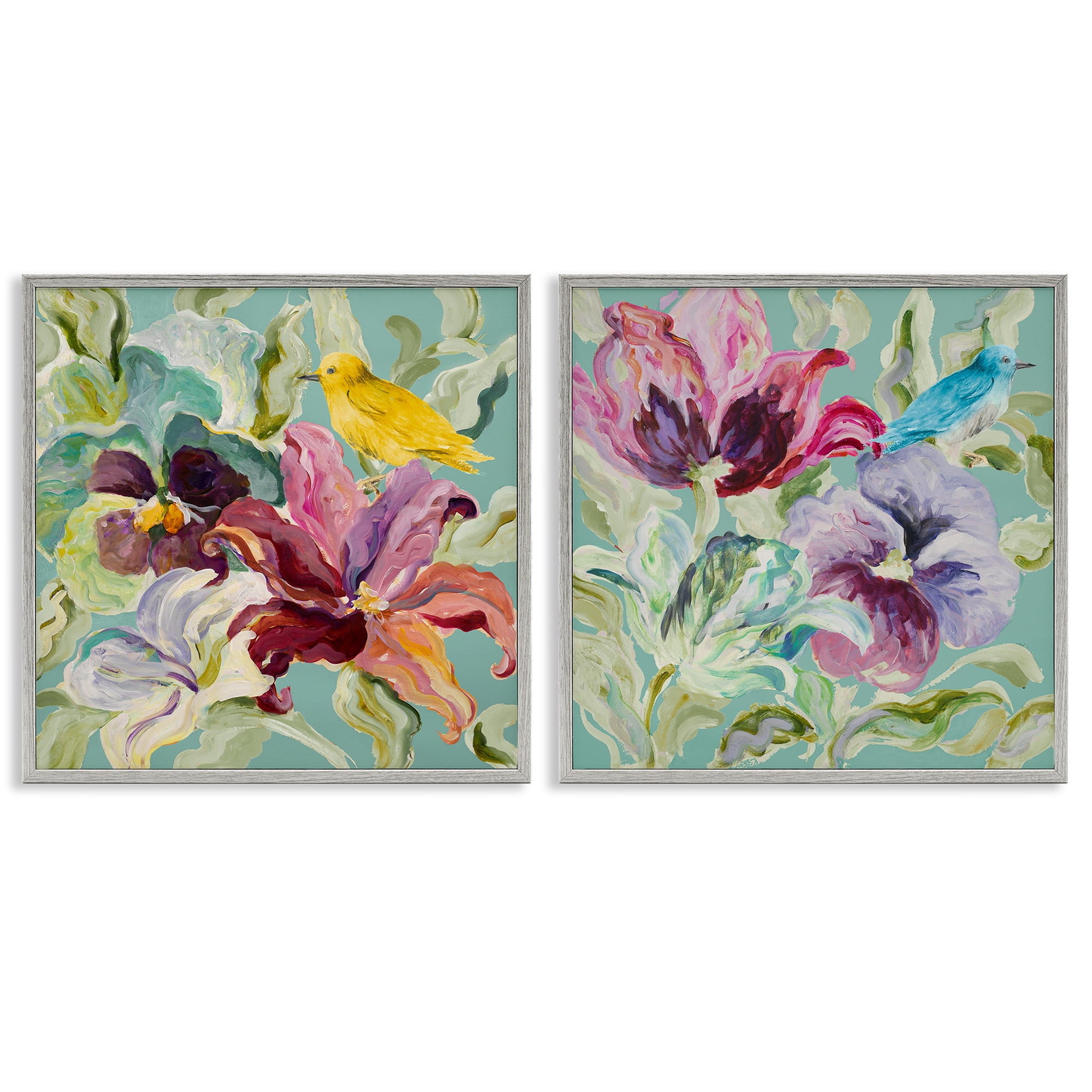 Stupell Industries Lyrical Garden Canaries 2 Piece Gray Framed Giclee Art Set, design by Lanie Loreth