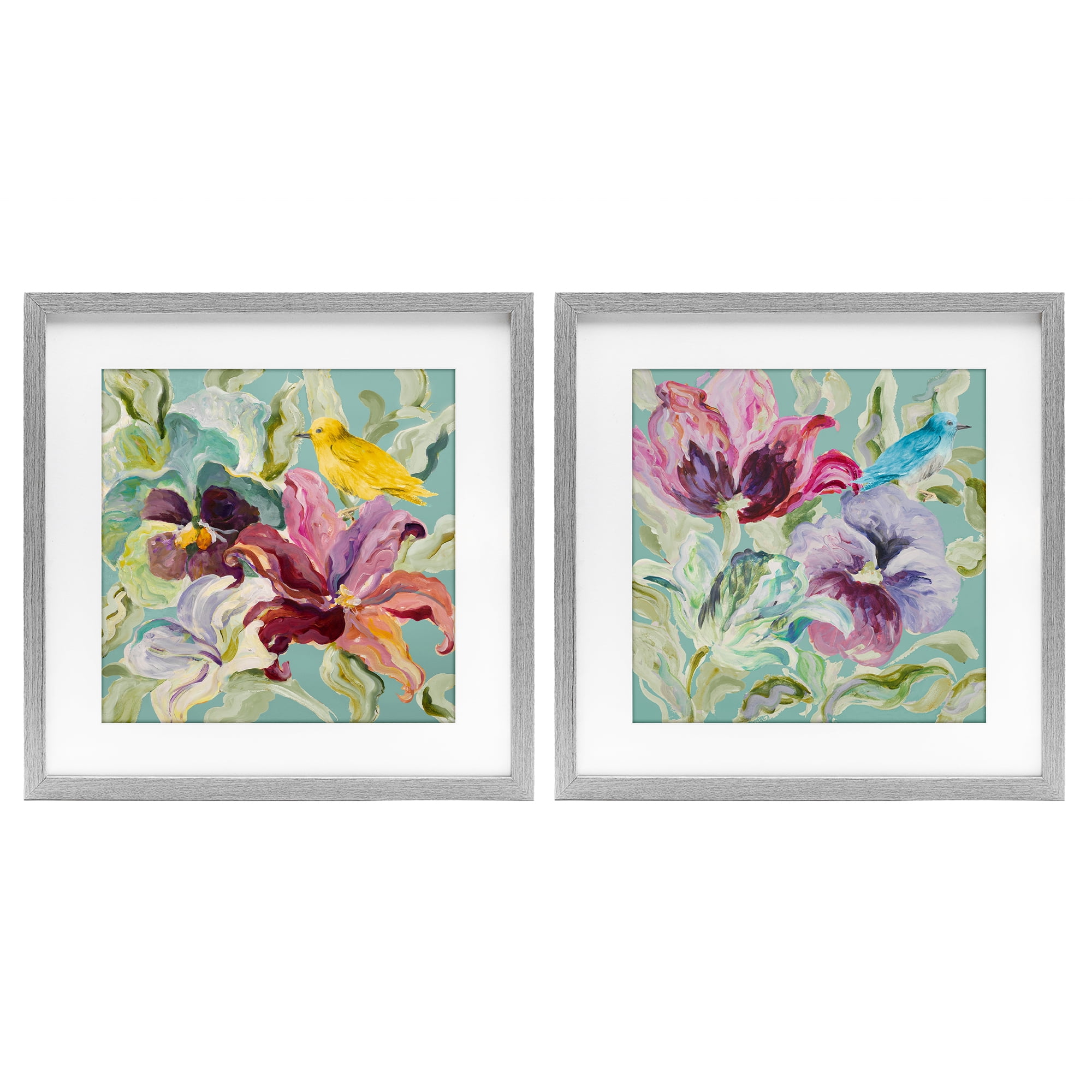 Stupell Industries Lyrical Garden Canaries 2 Piece Gray Framed Print Under Glass Set, design by Lanie Loreth