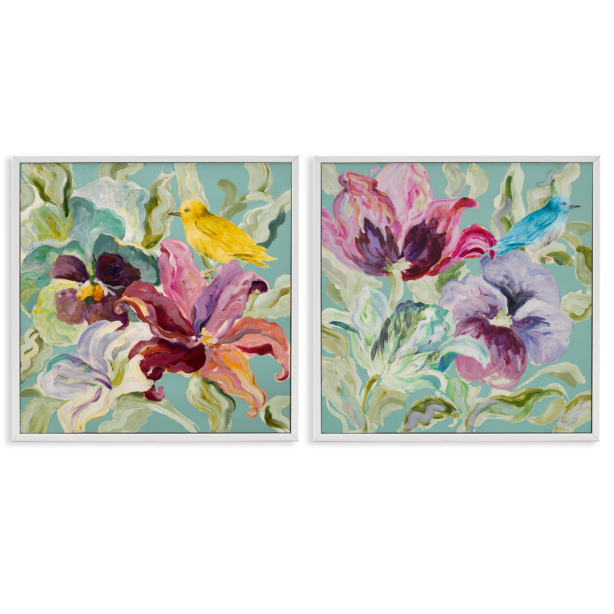 Stupell Industries Lyrical Garden Canaries 2 Piece White Framed Giclee Art Set, design by Lanie Loreth
