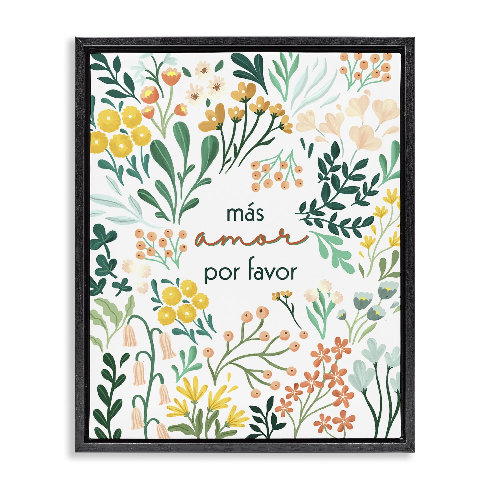 Stupell Industries Más Amor Por Favor Flores Inspirational Quotes & Sayings Painting Black Floater Framed Art Print Wall Art, 17 x 21