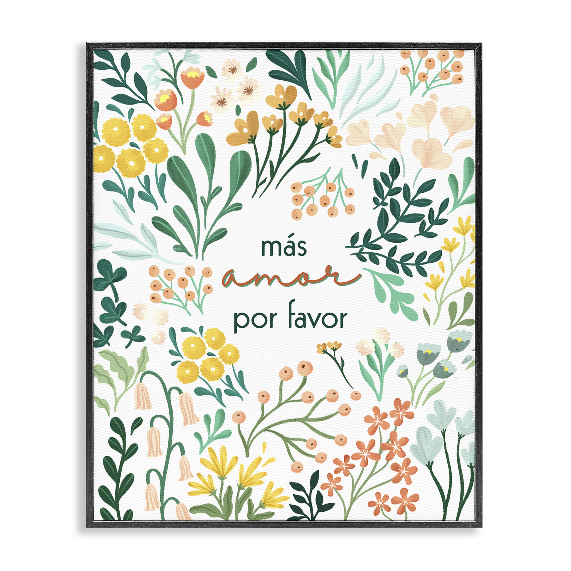 Stupell Industries Más Amor Por Favor Flores Inspirational Quotes & Sayings Painting Black Framed Art Print Wall Art, 24 x 30