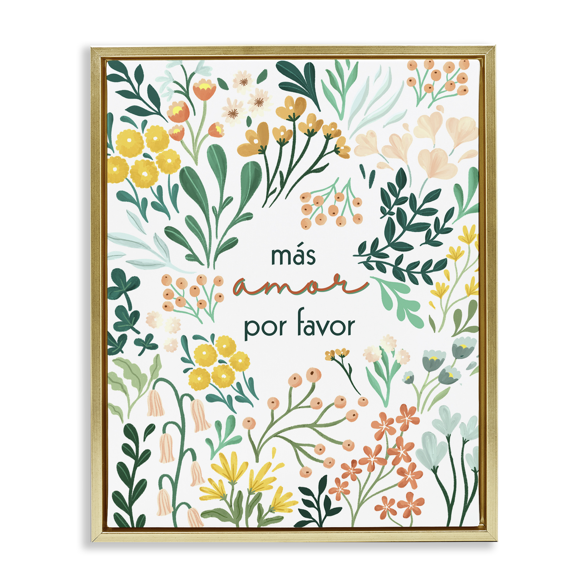 Stupell Industries Más Amor Por Favor Flores Inspirational Quotes & Sayings Painting Gold Floater Framed Art Print Wall Art, 25 x 31