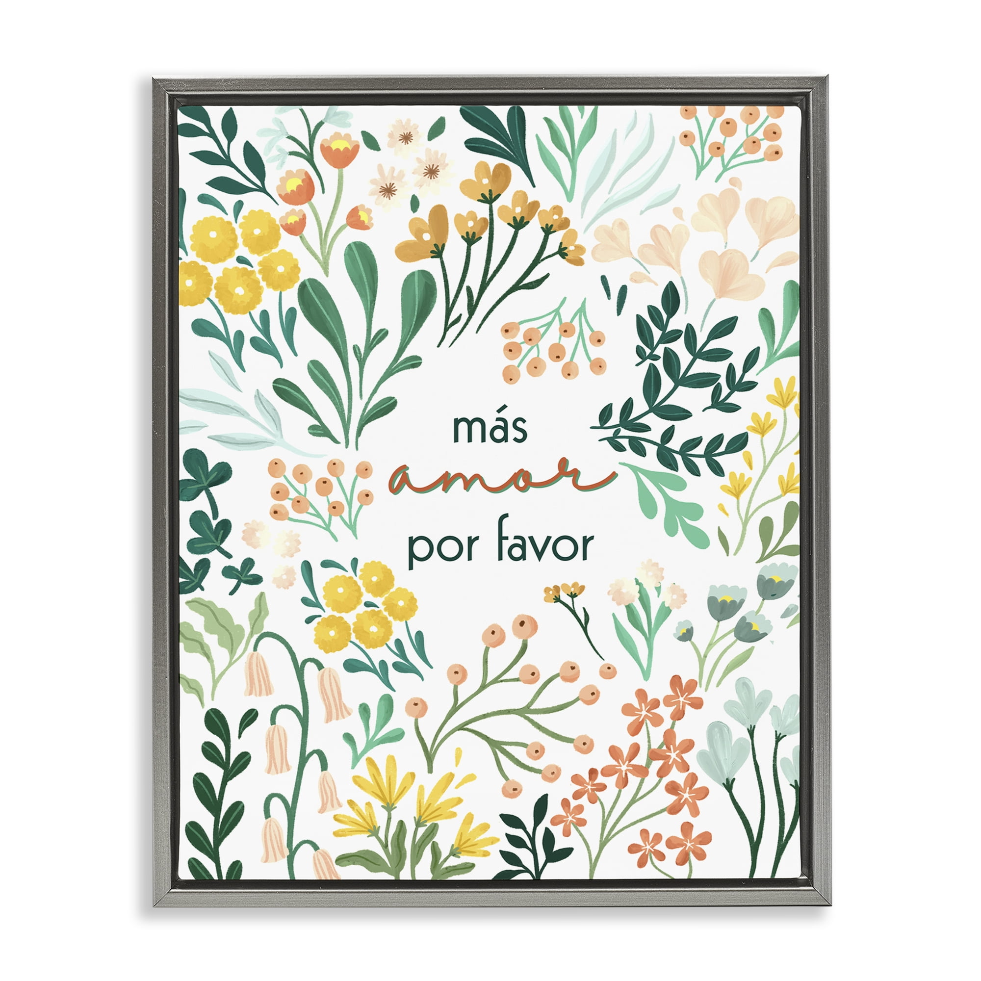 Stupell Industries Más Amor Por Favor Flores Inspirational Quotes & Sayings Painting Gray Floater Framed Art Print Wall Art, 25 x 31