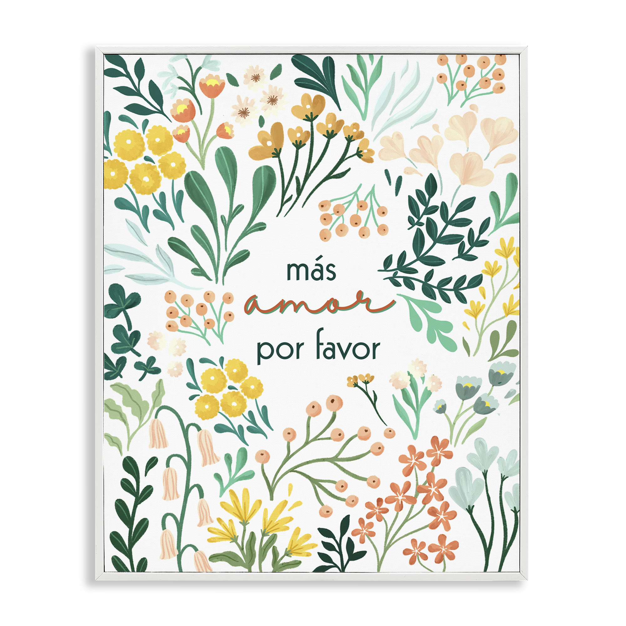 Stupell Industries Más Amor Por Favor Flores Inspirational Quotes & Sayings Painting White Framed Art Print Wall Art, 11 x 14