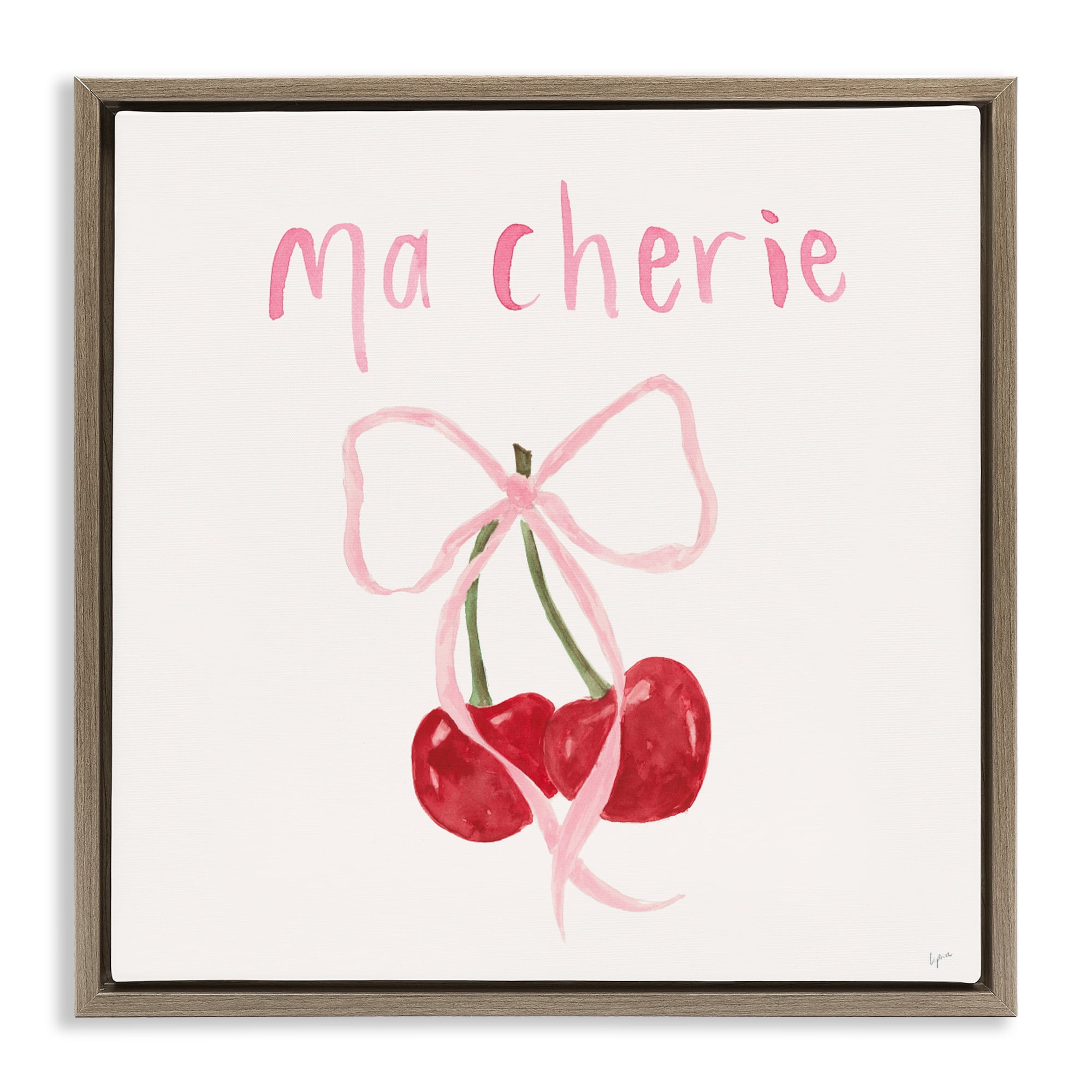 Stupell Industries Ma Cherie Ribboned Cherries Brown Framed Floater Canvas Wall Art, design by Lucille Price