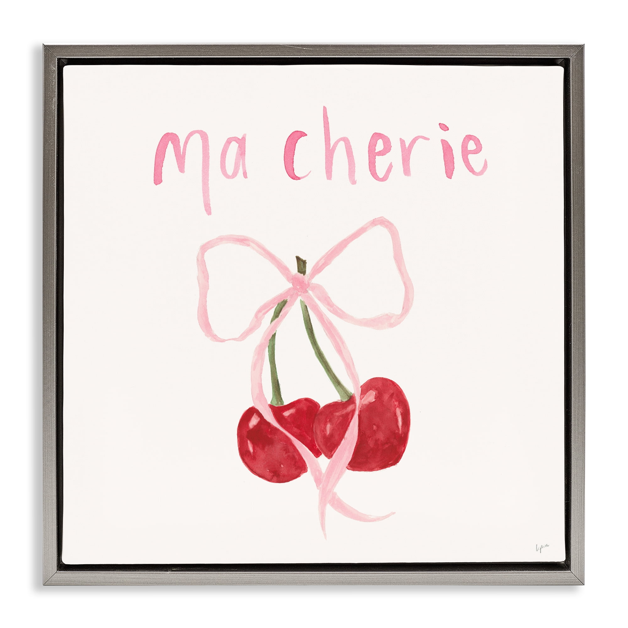 Stupell Industries Ma Cherie Ribboned Cherries Gray Framed Floater Canvas Wall Art, design by Lucille Price