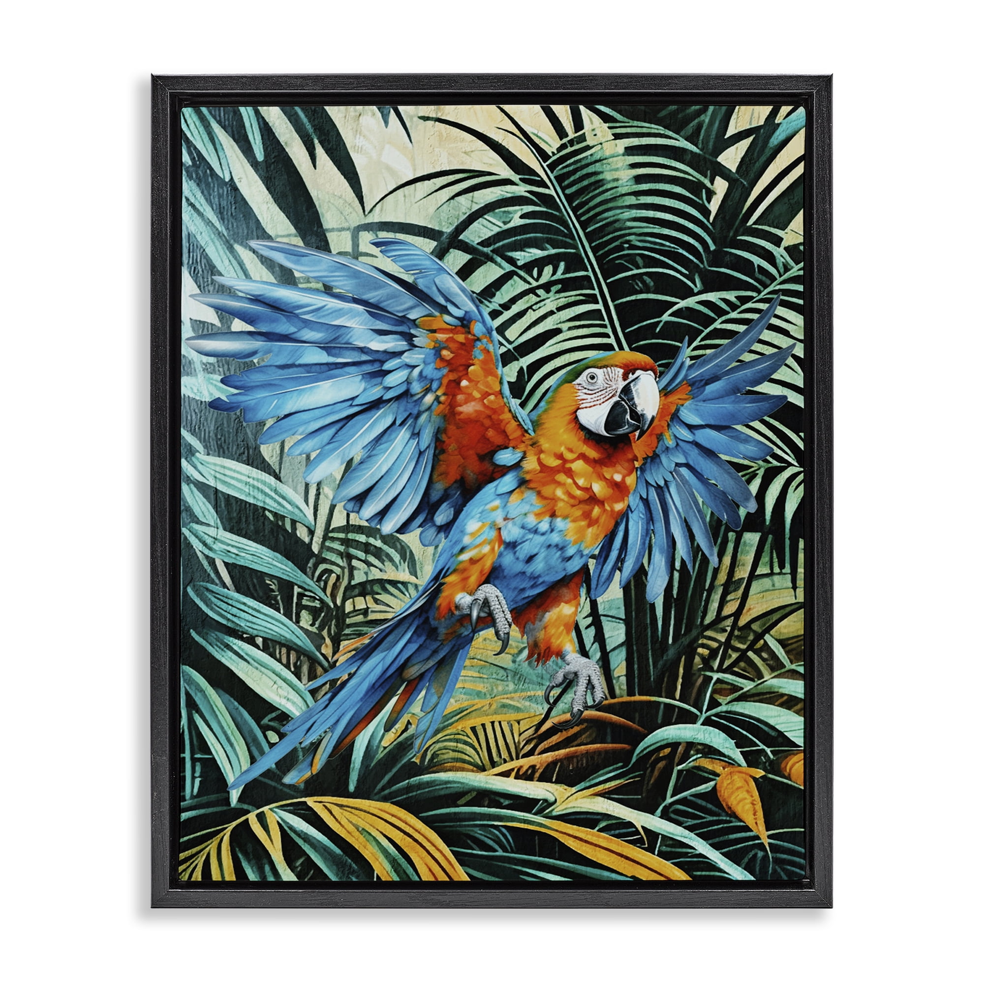 Stupell Industries Macaw in Flight Animals Painting Black Floater Framed Canvas Art Print Wall Art, 25 x 31