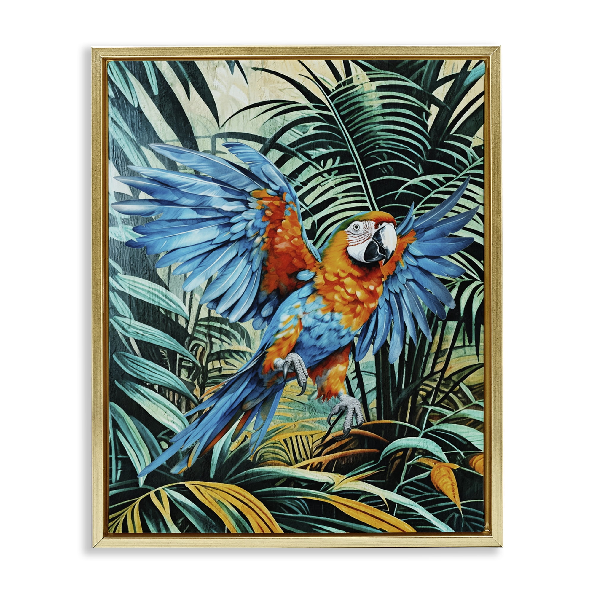 Stupell Industries Macaw in Flight Animals Painting Gold Floater Framed Canvas Art Print Wall Art, 17 x 21