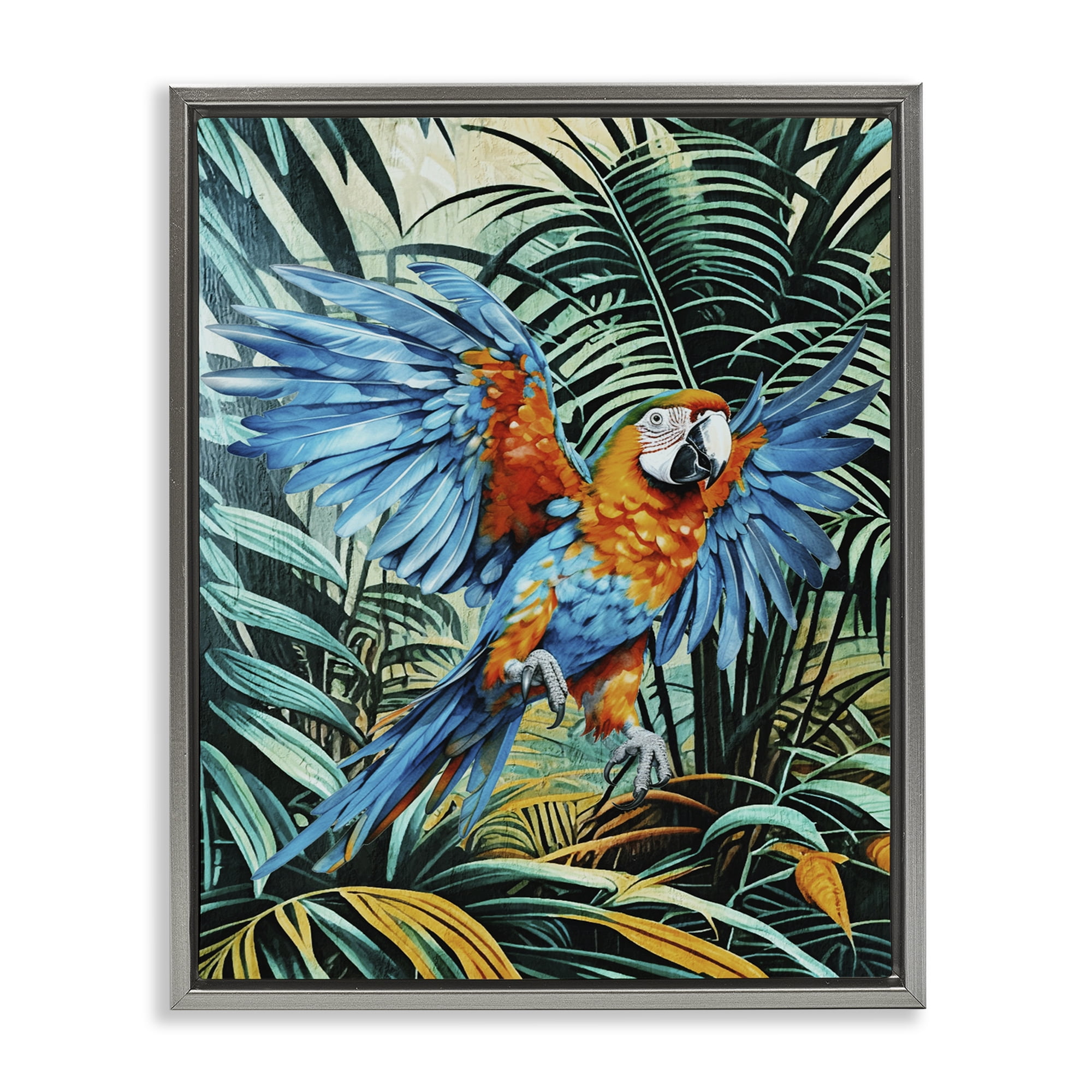 Stupell Industries Macaw in Flight Animals Painting Gray Floater Framed Canvas Art Print Wall Art, 17 x 21