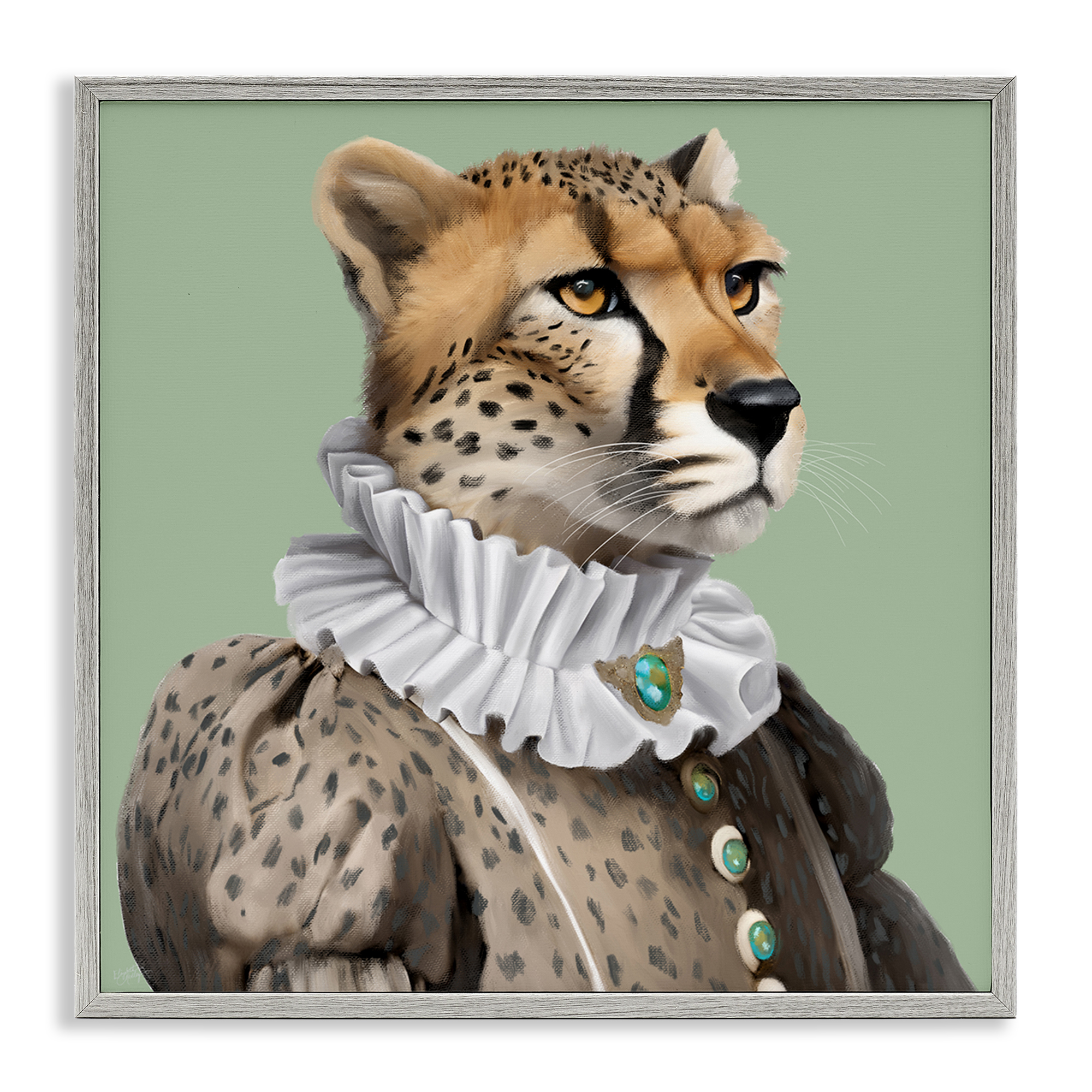 Stupell Industries Madame Cheetah Portrait Novelty & Humor Painting Gray Framed Art Print Wall Art, 17 x 17