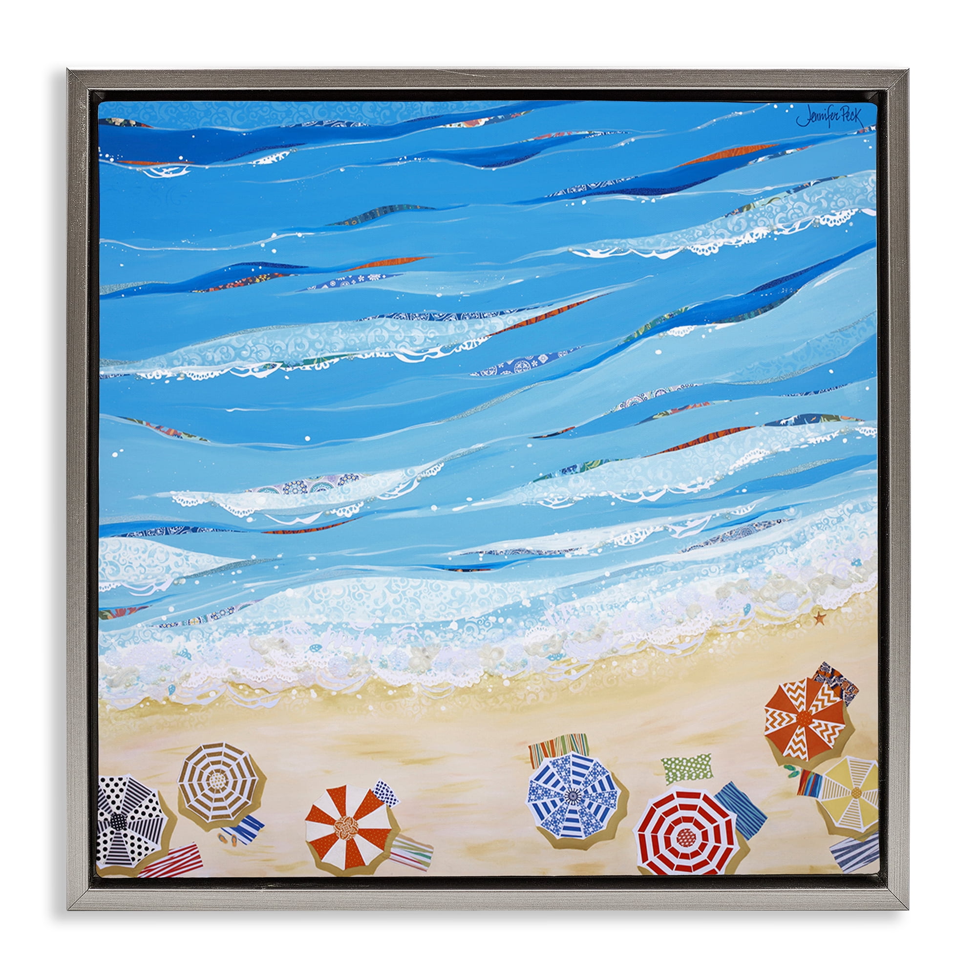 Stupell Industries Made In The Shade Beach Landscape Painting Gray Floater Framed Canvas Art Print Wall Art, 18 x 18