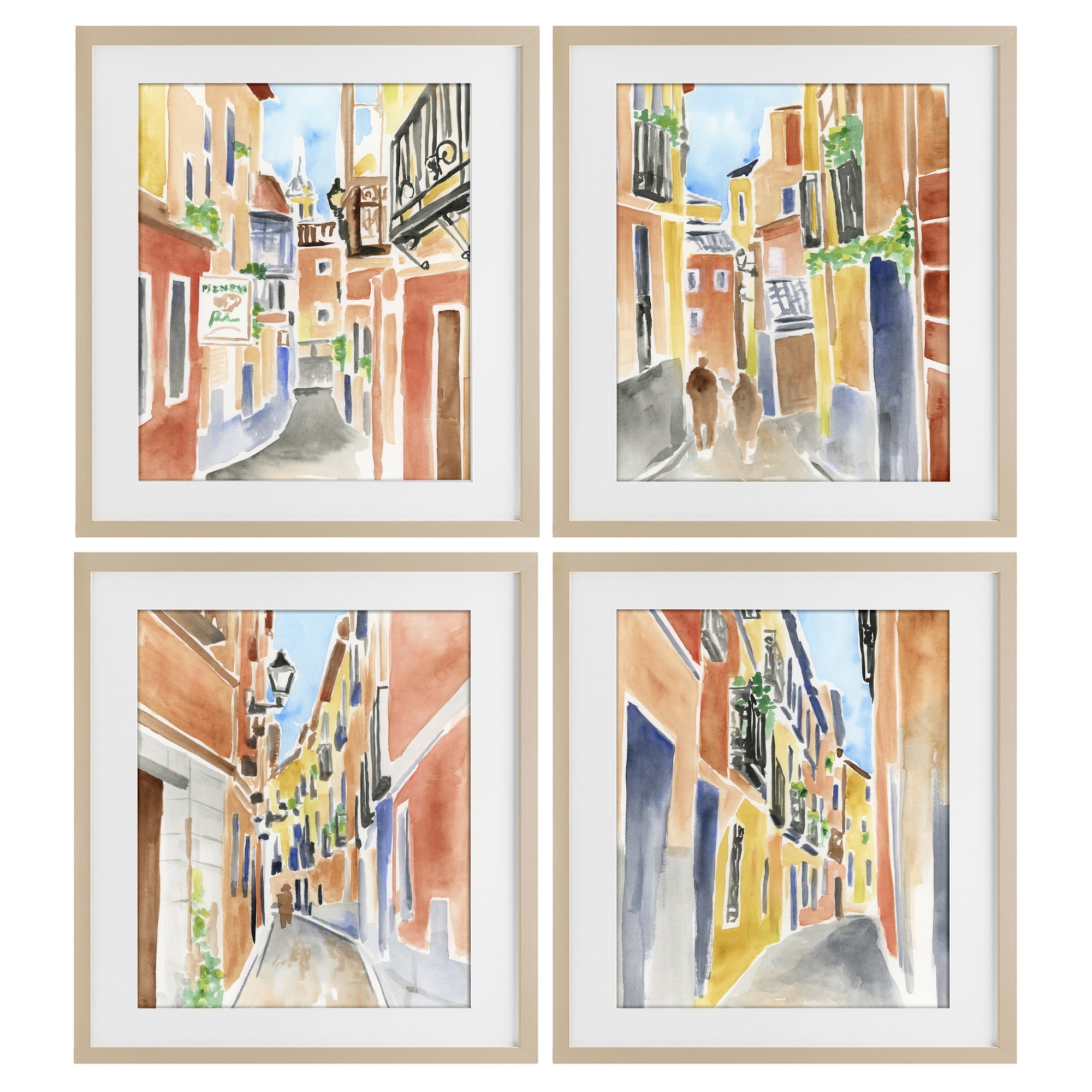 Stupell Industries Madrid Buildings & Architecture 4 Piece Birch Framed Print Under Glass Set, design by June Erica Vess