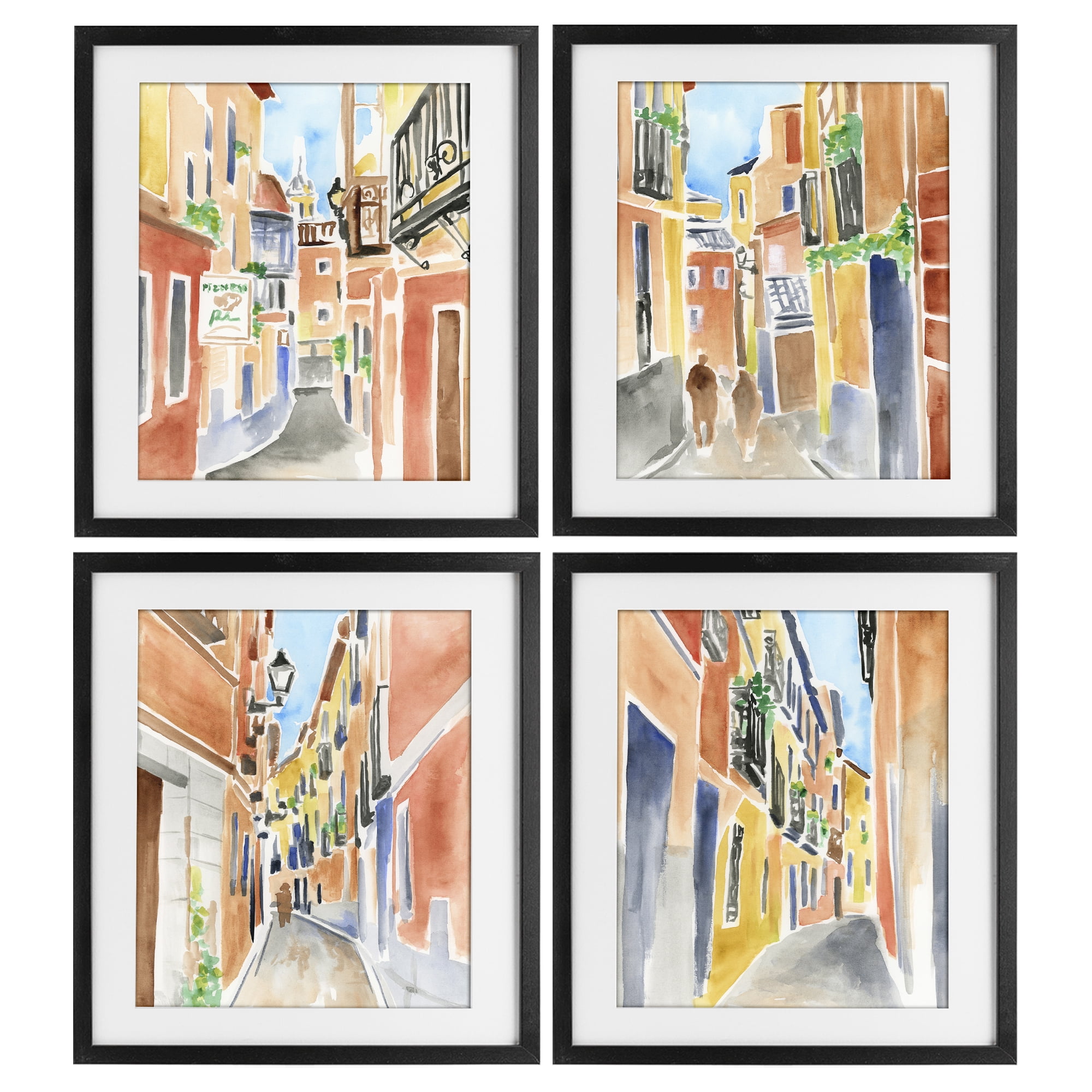 Stupell Industries Madrid Buildings & Architecture 4 Piece Black Framed Print Under Glass Set, design by June Erica Vess