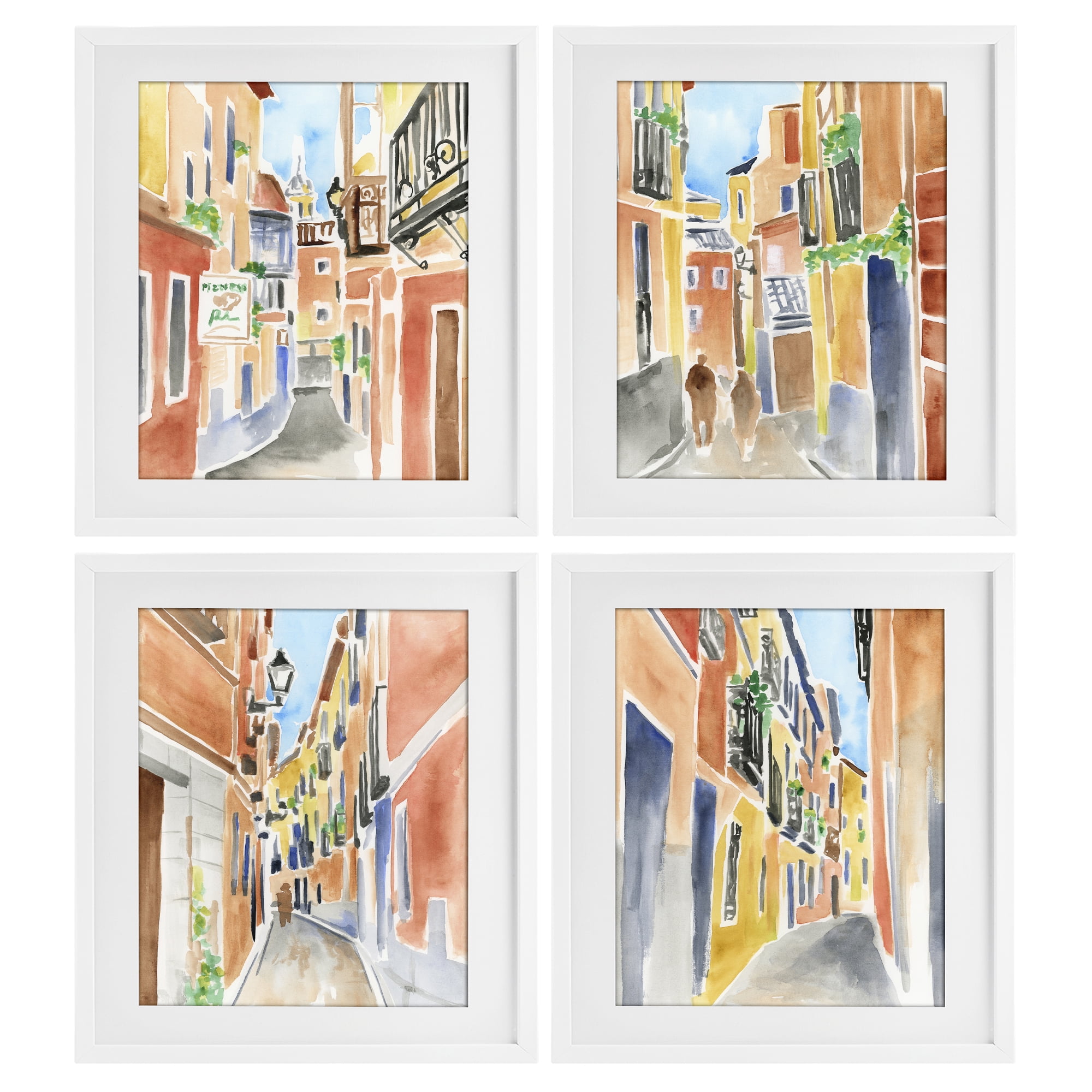 Stupell Industries Madrid Buildings & Architecture 4 Piece White Framed Print Under Glass Set, design by June Erica Vess
