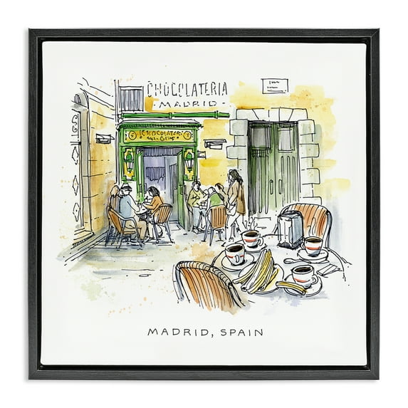 Stupell Industries Madrid Spain Outdoor Cafe Architecture Painting Black Floater Framed Canvas Art Print Wall Art, 18 x 18