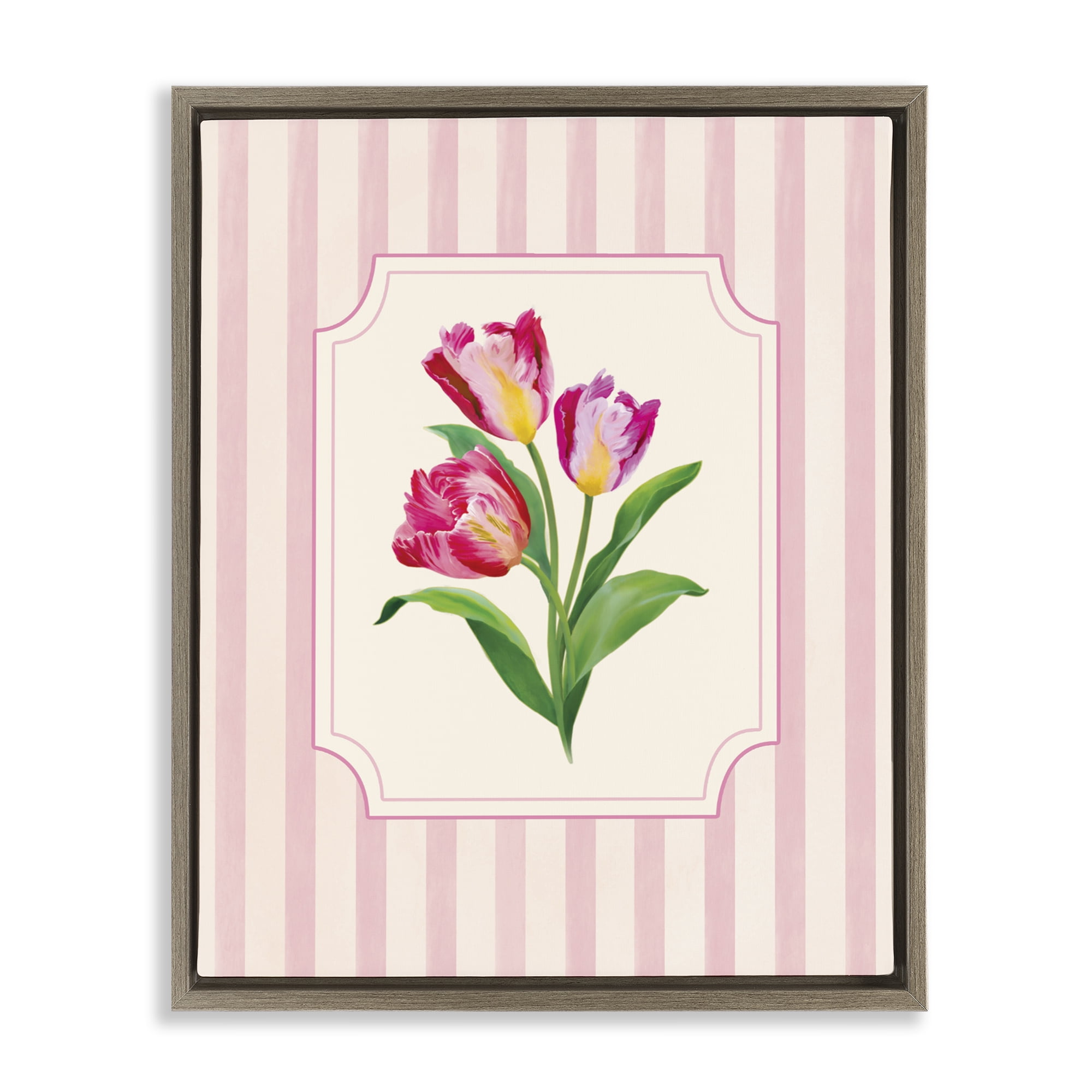 Stupell Industries Magenta Tulips over Stripes Brown Framed Floater Canvas Wall Art, design by Diane Neukirch