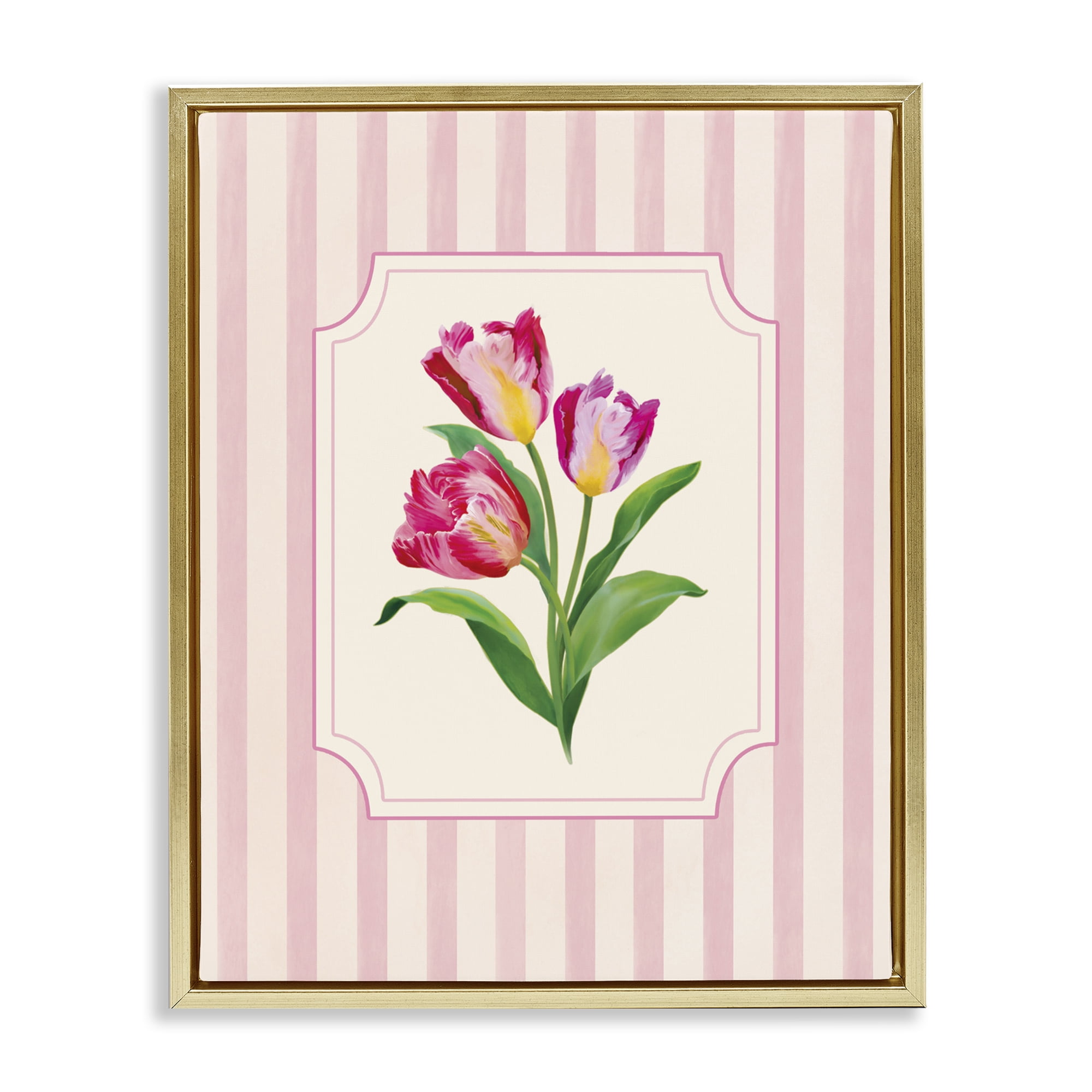 Stupell Industries Magenta Tulips over Stripes Gold Framed Floater Canvas Wall Art, design by Diane Neukirch