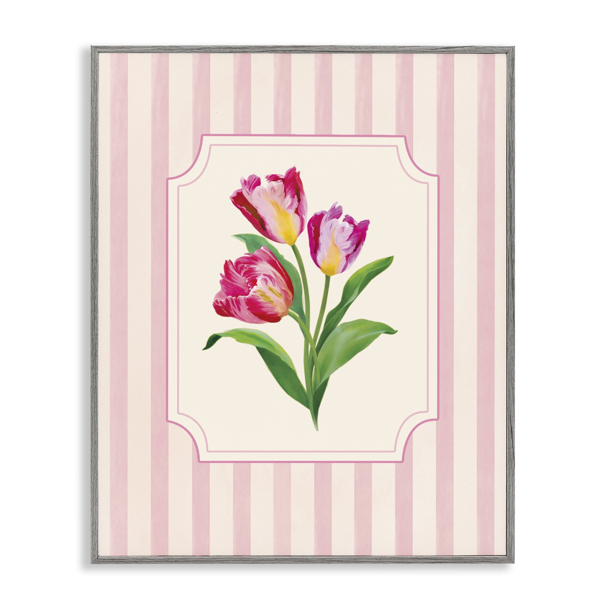 Stupell Industries Magenta Tulips over Stripes Gray Framed Giclee Art, design by Diane Neukirch