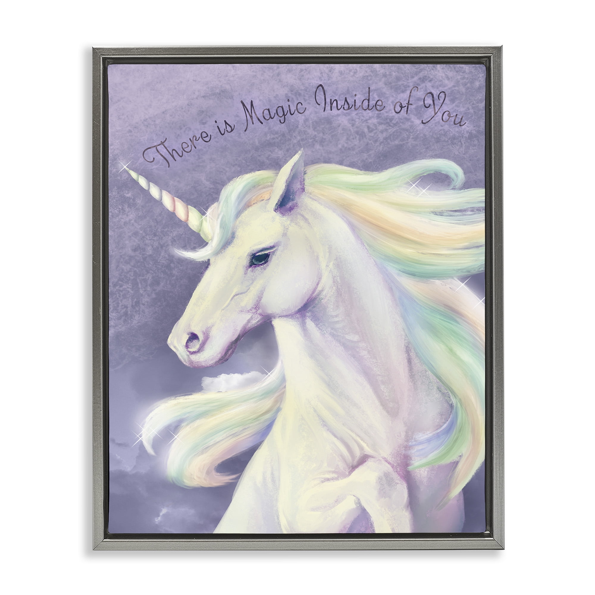 Stupell Industries Magic Inside Of You Inspirational Unicorn Inspirational Painting Gray Floater Framed Canvas Art Print Wall Art, 17 x 21