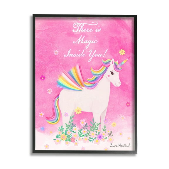 Stupell Industries Magic Inside You Motivational Unicorn Quote Botanical Blossoms Graphic Art Black Framed Art Print Wall Art, Design by Diane Neukirch