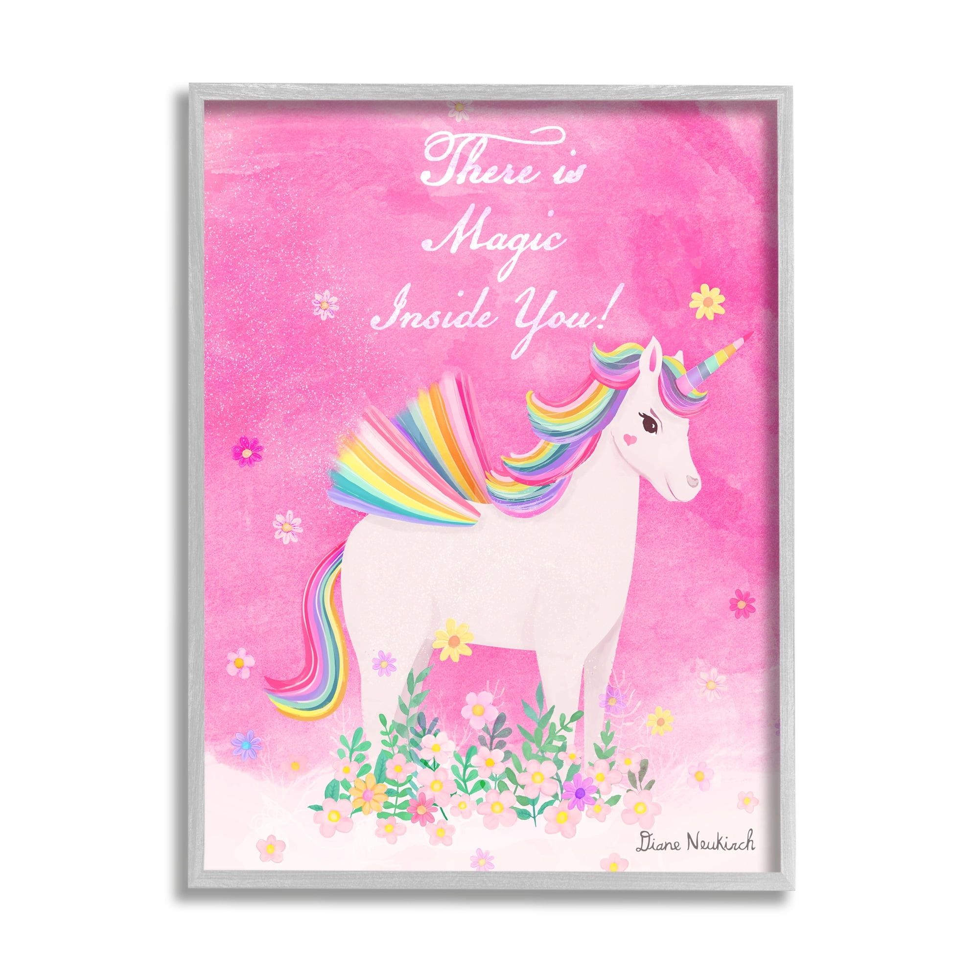 Stupell Industries Magic Inside You Motivational Unicorn Quote Botanical Blossoms Graphic Art Gray Framed Art Print Wall Art, Design by Diane Neukirch