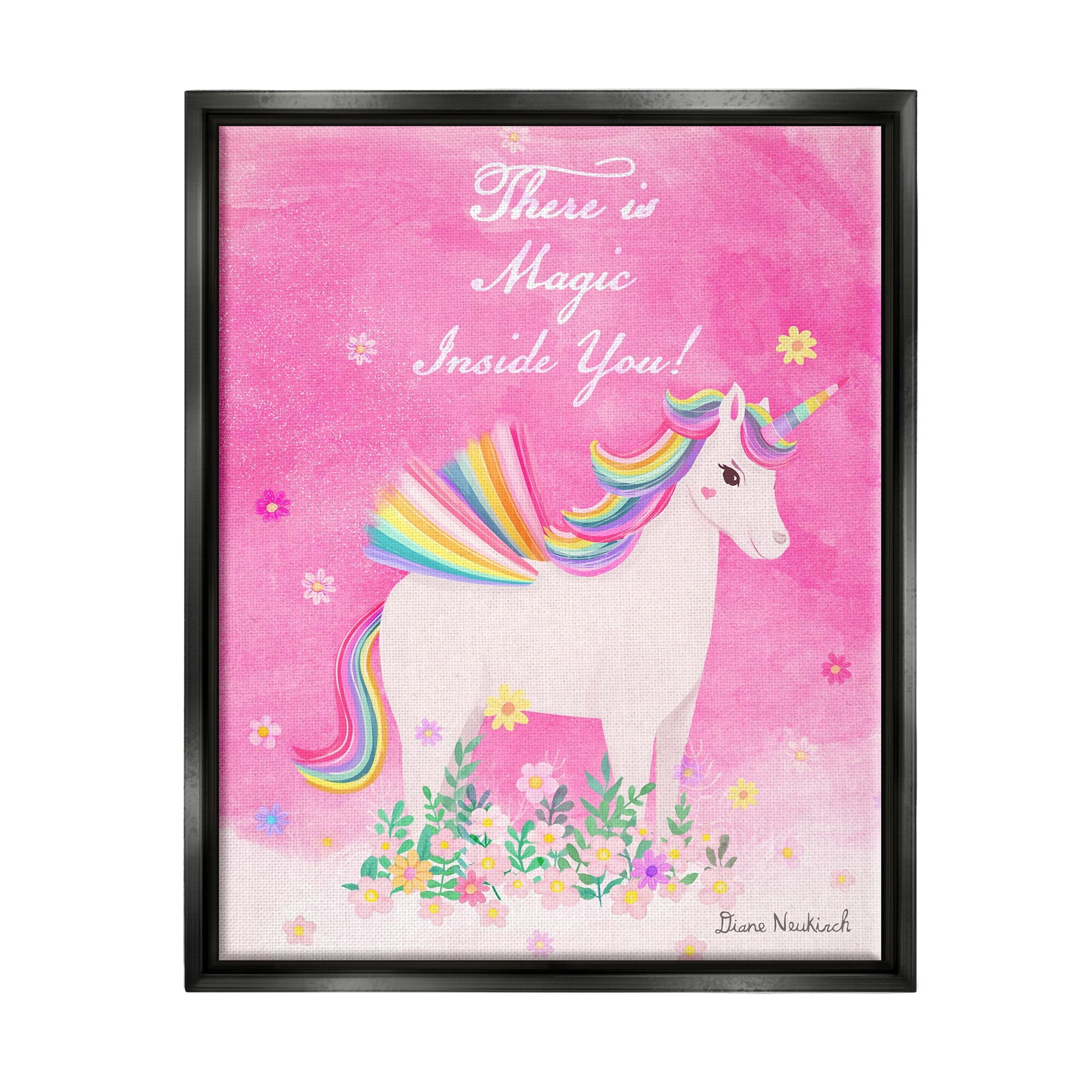 Stupell Industries Magic Inside You Motivational Unicorn Quote Botanical Blossoms Graphic Art Jet Black Floating Framed Canvas Print Wall Art, Design by Diane Neukirch