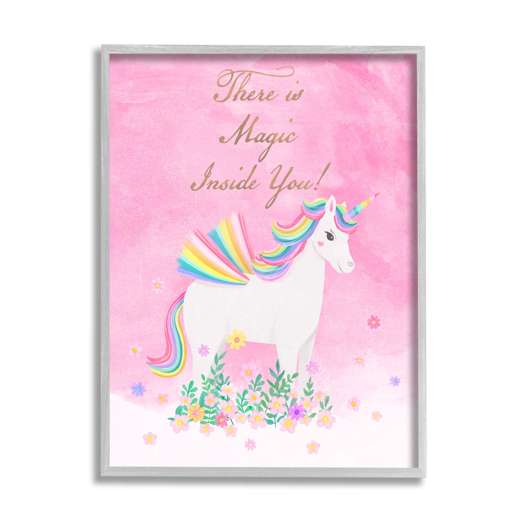 Stupell Industries Magic Inside You Unicorn Fairy Tales & Fantasy Painting Gray Framed Art Print Wall Art, 11 x 14