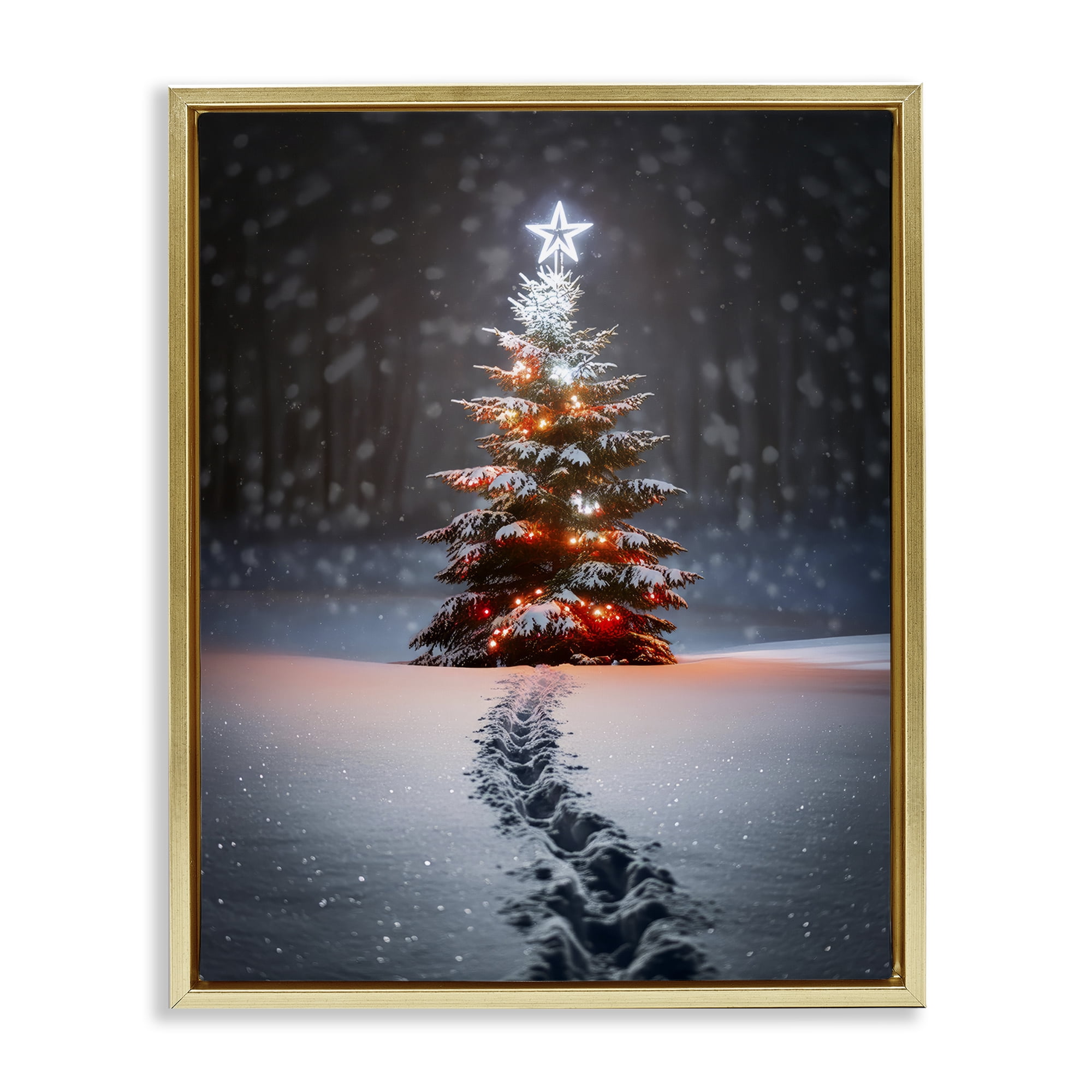 Stupell Industries Magic Moments Holiday Tree Holiday Photography Gold Floater Framed Canvas Art Prints Wall Art, 17 x 21
